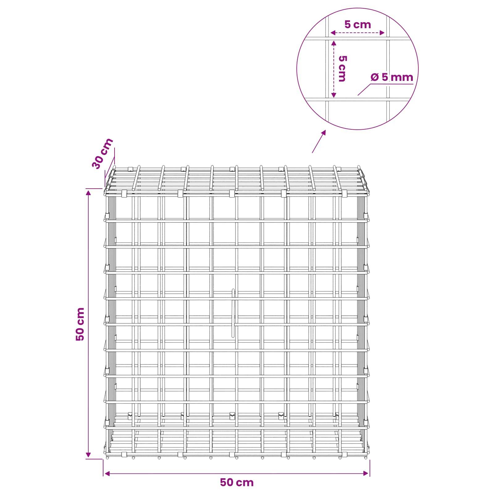 Drahtgitter-Käfig-Diagramm, das eine rechteckige Struktur von 50 cm mal 50 cm mal 30 cm zeigt, mit einem Detailausschnitt für 5 cm Abstände und 5 mm Drahtdurchmesser.
