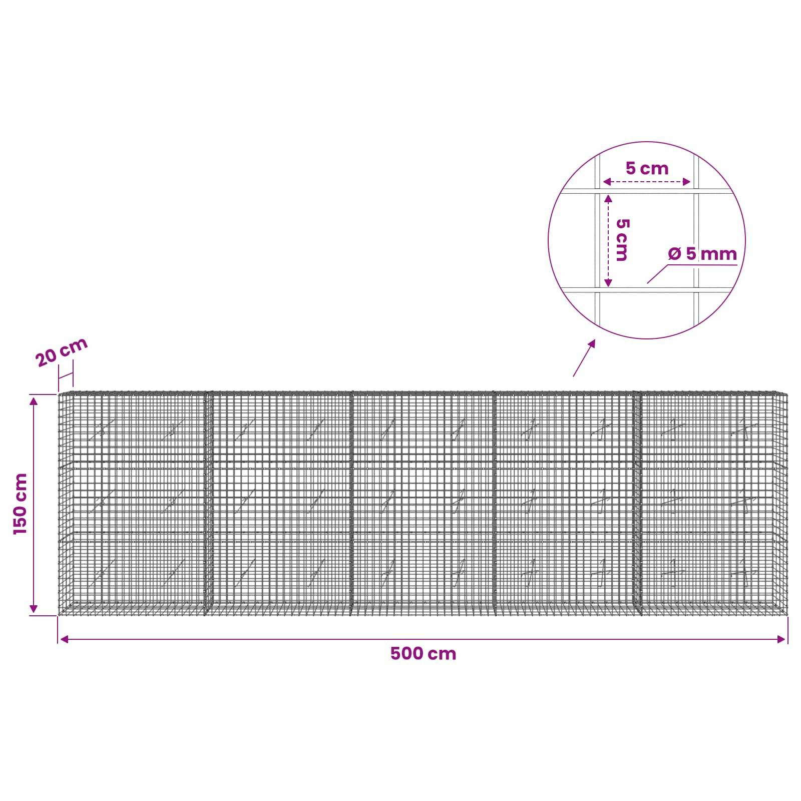Drahtgitterpanel-Diagramm mit einem 500 cm x 150 cm großen Blatt mit 20 cm Randabstand und einer vergrößerten Detailansicht mit 5 cm Raster und 5 mm Drahtdurchmesser.
