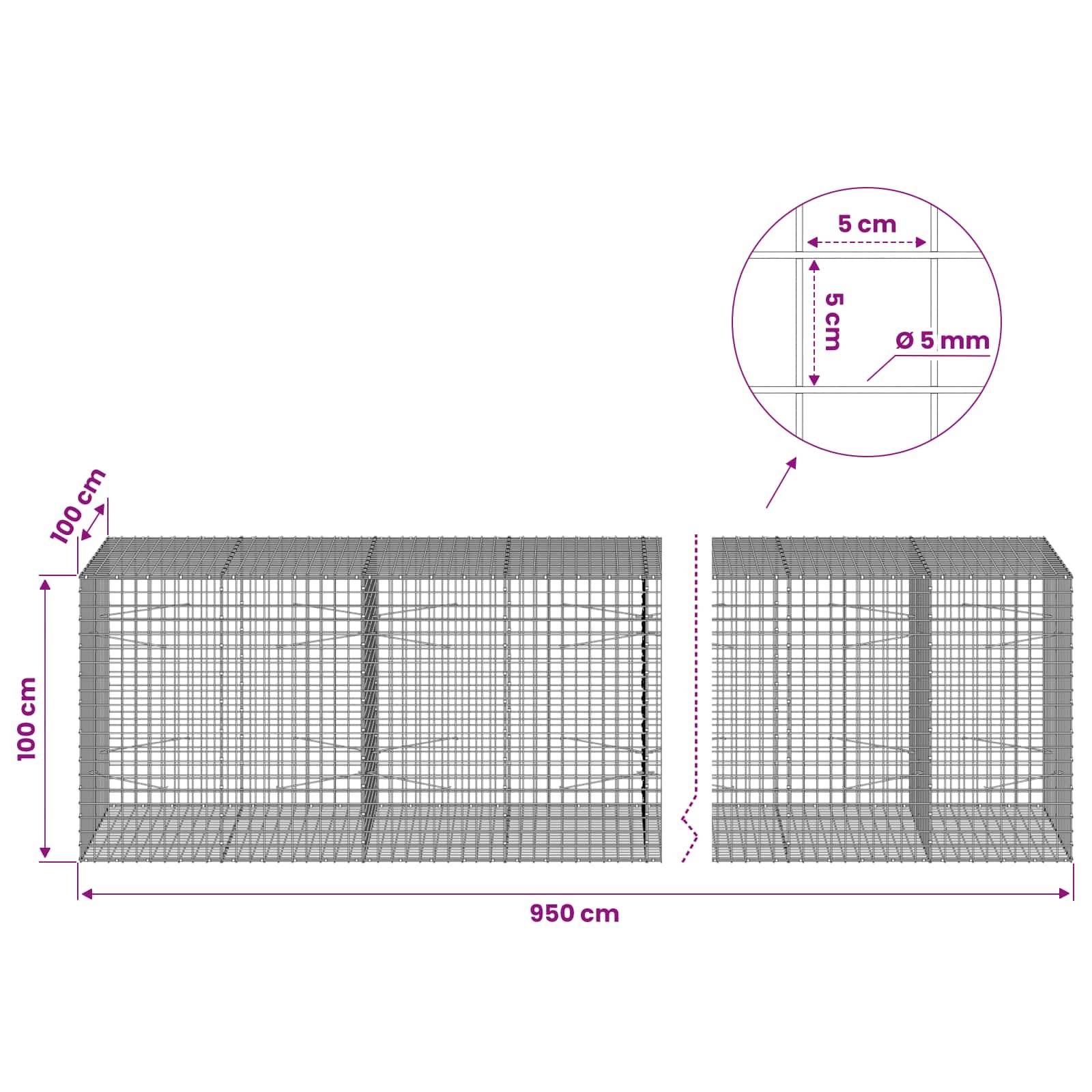 Diagramm einer Drahtgitterbarriere/Wand, 950 cm lang und 100 cm hoch, mit 100 cm Tiefe und 5 mm Drahtkastenweite, dargestellt in einer Detailansicht.