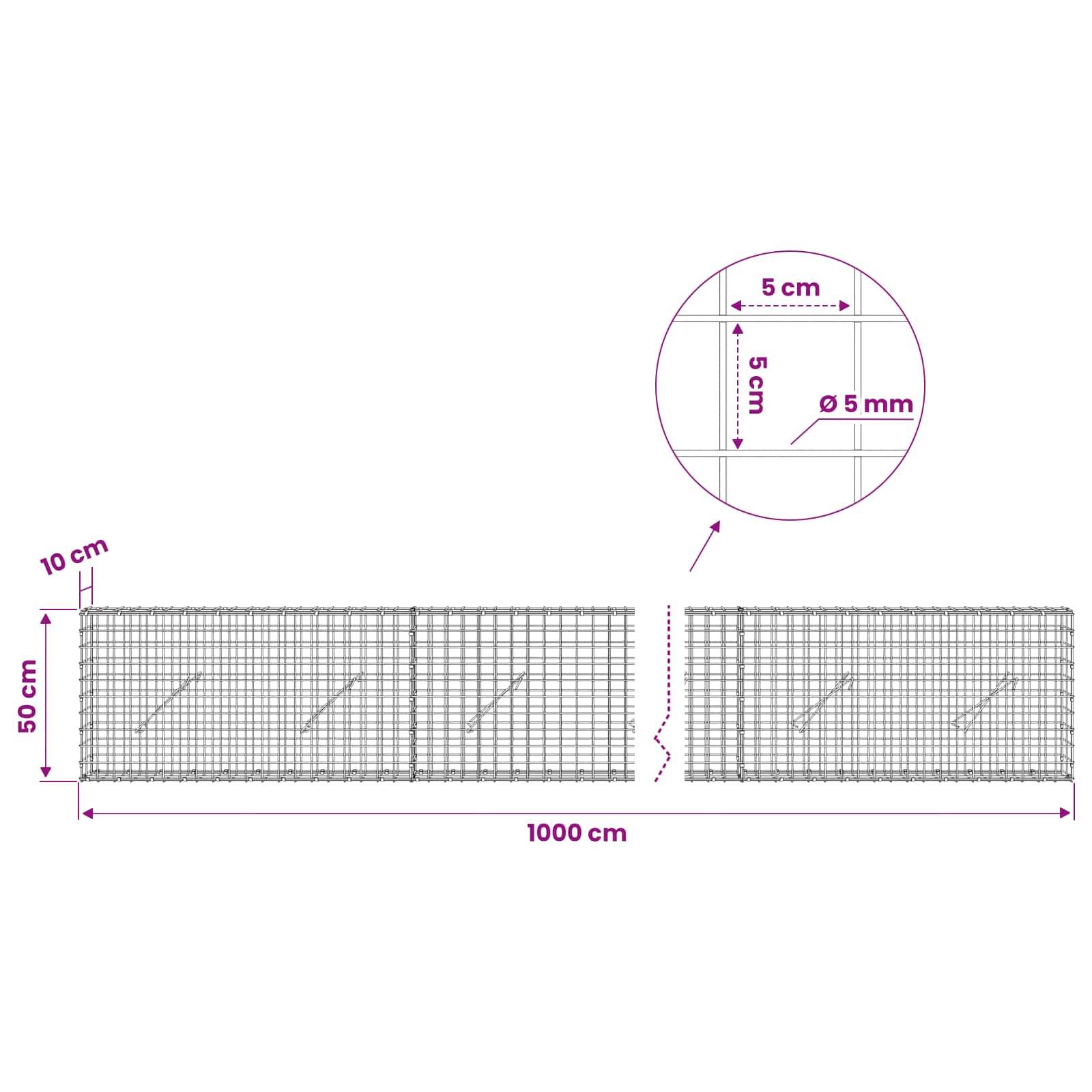 Technische Zeichnung einer Drahtgeflecht-Rolle, zeigt 1000 cm Länge, 50 cm Höhe, 10 cm Abstände und 5 cm x 5 cm Öffnungen aus 5 mm Draht gefertigt.