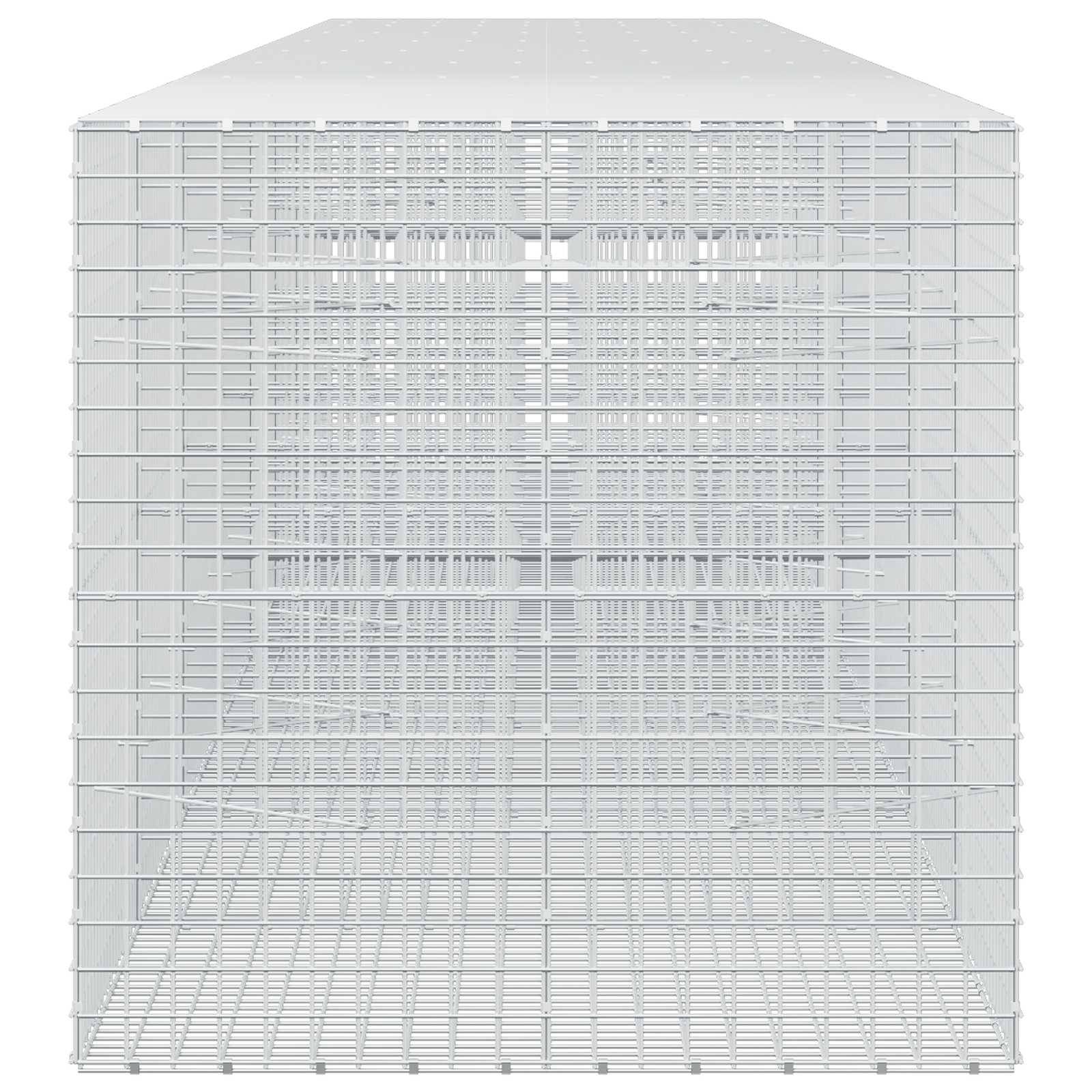 Vorderansicht eines weißen Drahtgitter-Architekturmodells eines Würfels mit gestuften horizontalen Gittern und einem geneigten Dach, dargestellt vor einem einfachen Hintergrund.