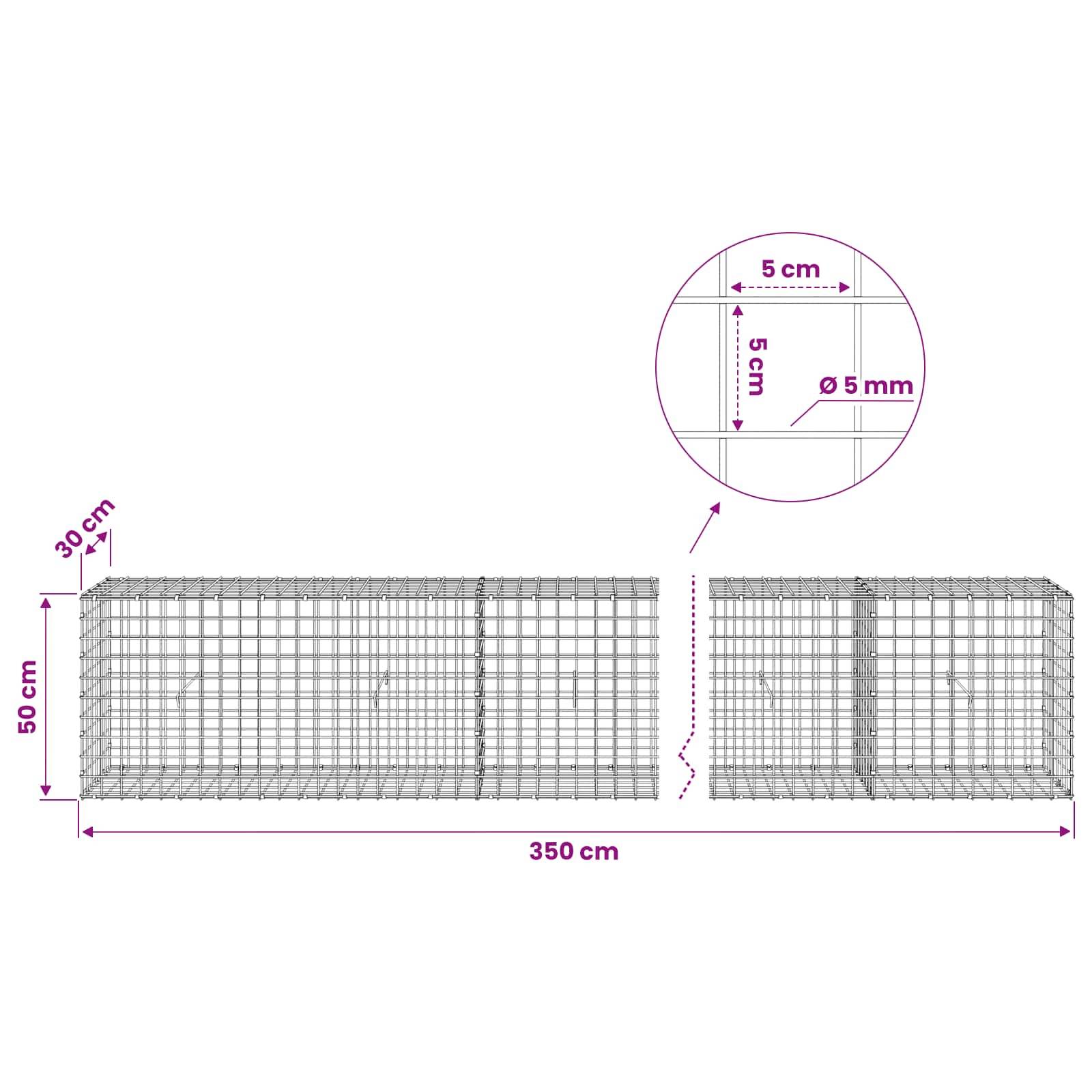 Diagramm zweier Drahtgitter-Gabionenkäfige mit Abmessungen: 350 cm Länge, 50 cm Höhe, 50 cm Tiefe, mit 5 cm Maschenweite und 5 mm Drahtdurchmesser.