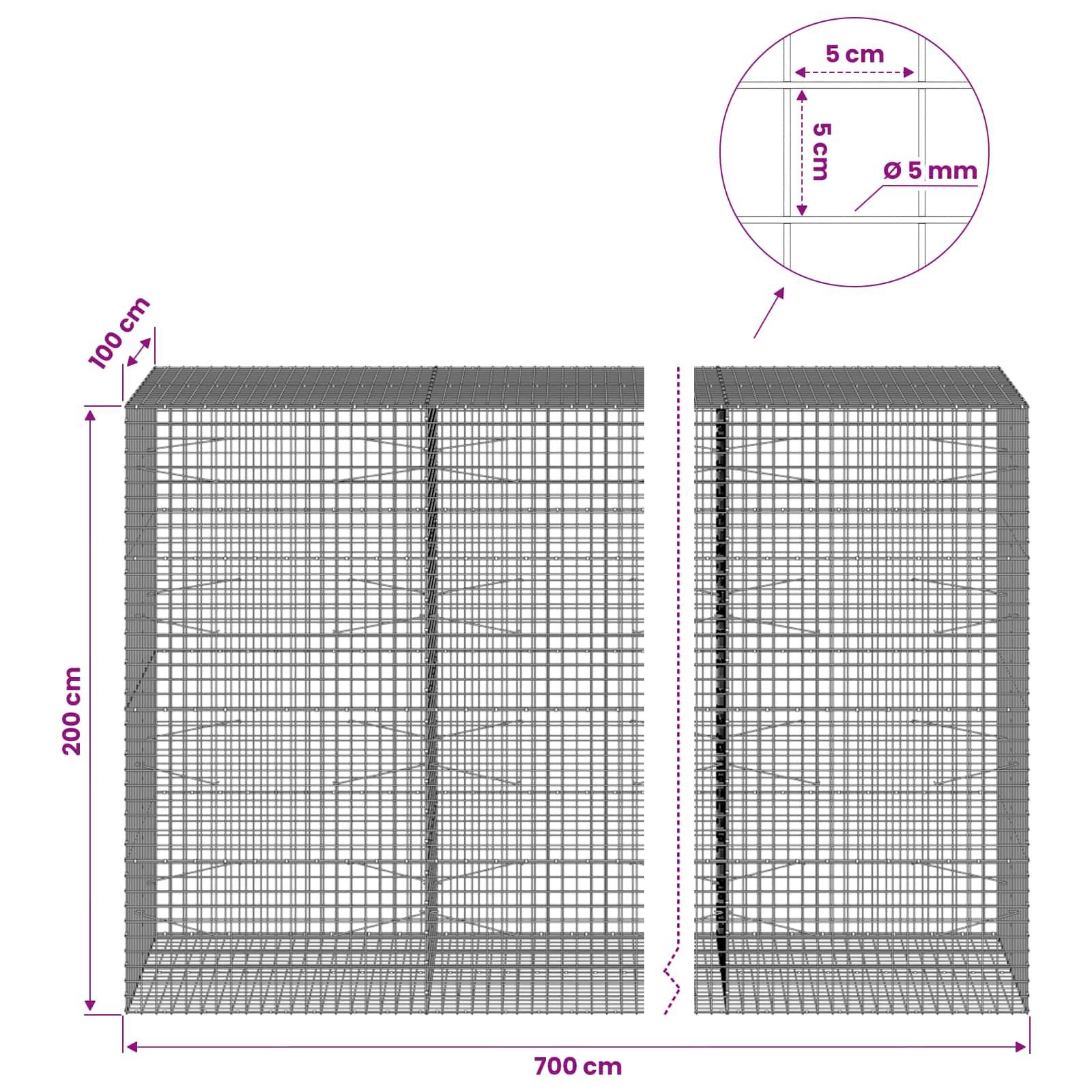 Technisches Diagramm zweier Drahtkorbgabionen, beschriftet mit 700 cm Breite, 200 cm Höhe, 100 cm Tiefe, mit 5 cm Maschenweite und 5 mm Drahtdicke.