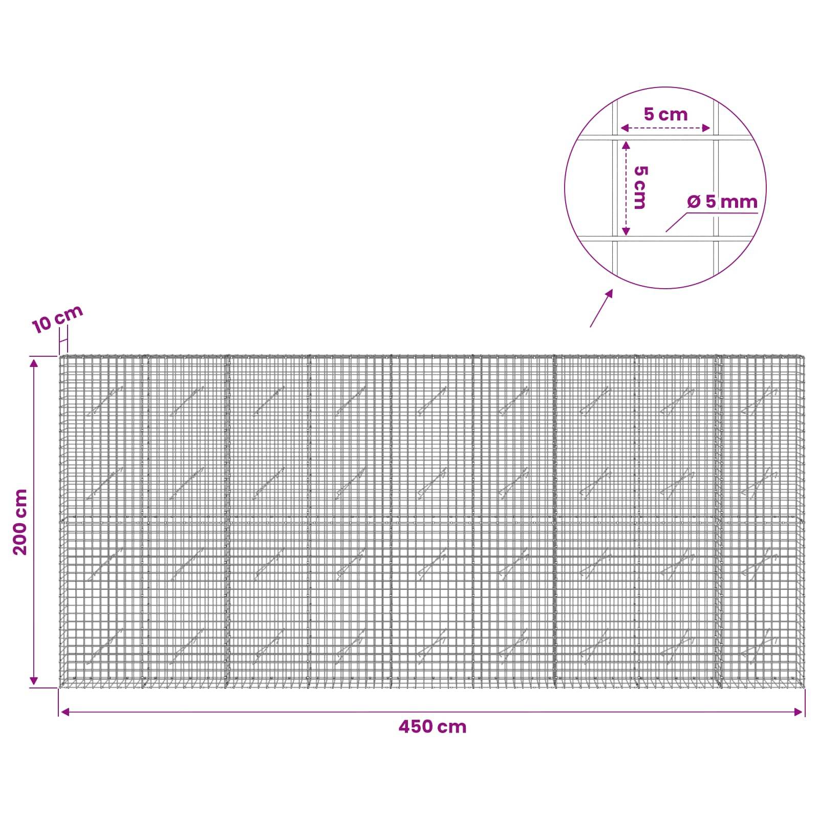 Technische Zeichnung einer Drahtgitterpaneele mit den Abmessungen 450 cm Breite mal 200 cm Höhe, mit 10 cm Versatz oben und Detailansicht mit 5 cm Maschenweite und Ø5 mm Drahtdicke.
