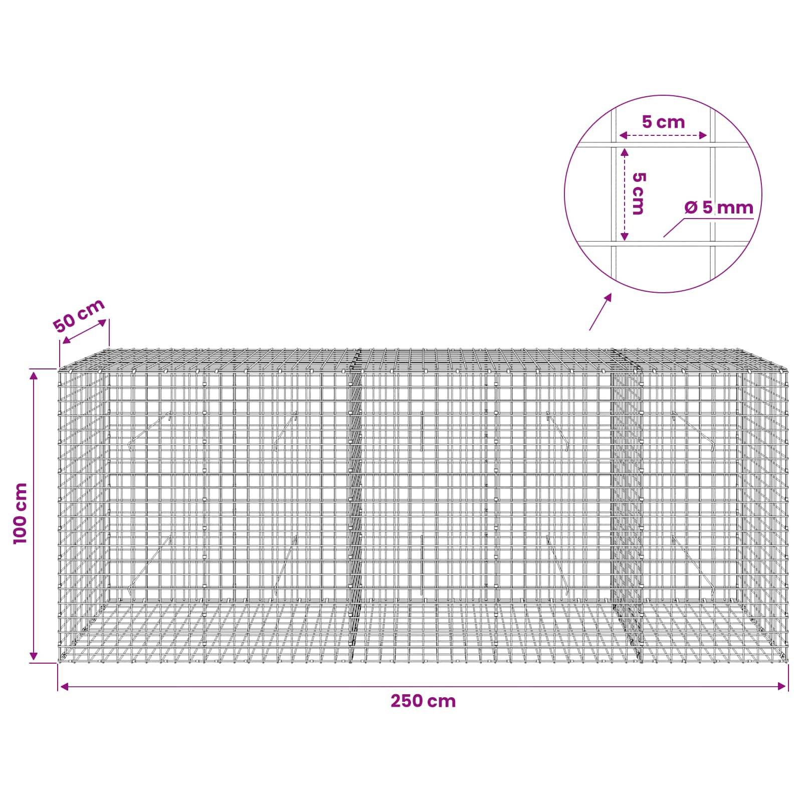 Drahtgitterkäfig-Diagramm mit Abmessungen: 250 cm lang, 100 cm hoch, 50 cm tief, mit 5 cm Gitterabstand und 5 mm Drahtdurchmesser.