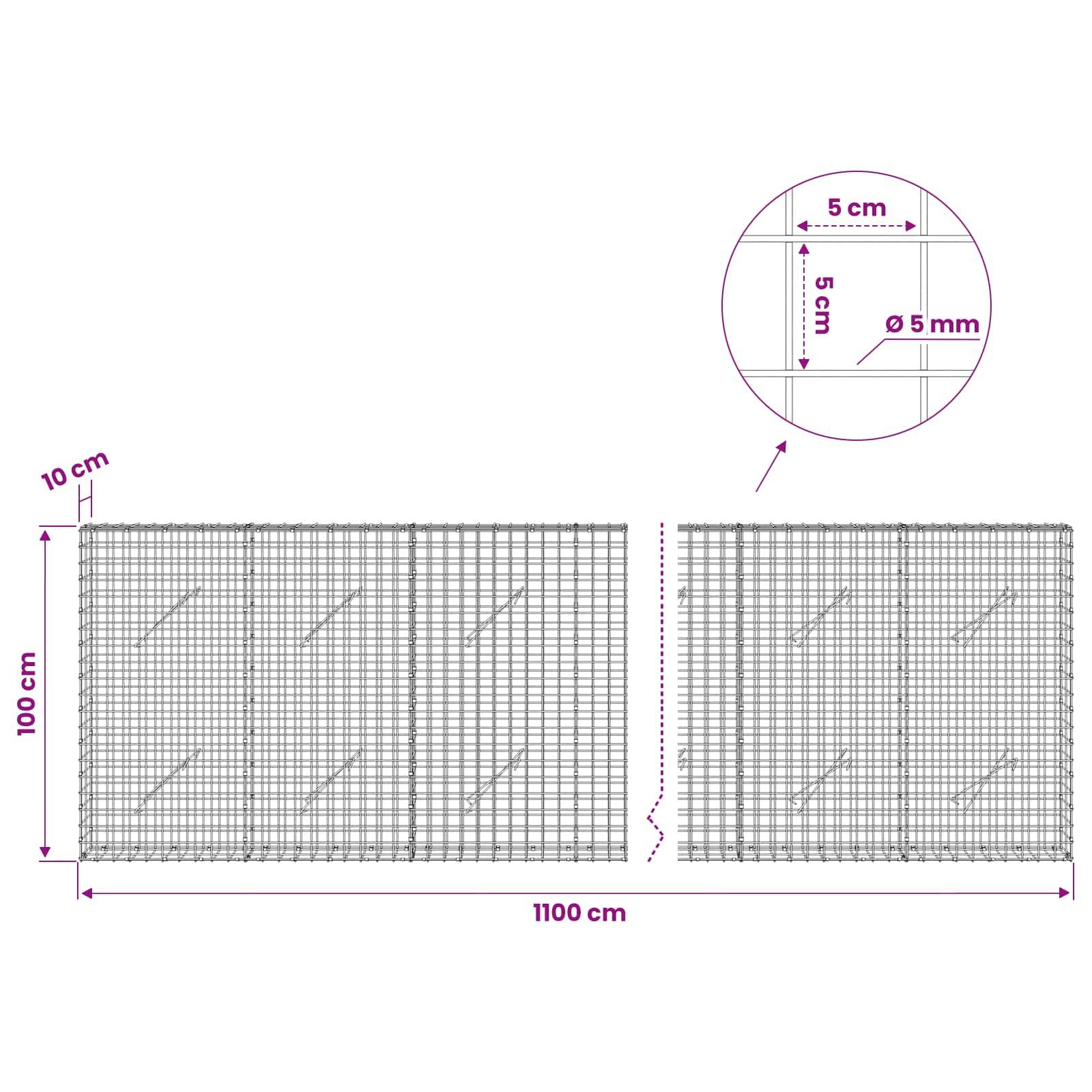Technisches Diagramm von Maschendraht mit Abmessungen: 1100 cm Gesamtlänge, 100 cm Höhe, 10 cm Abstände, und Detailausschnitt mit 5 cm mal 5 cm Maschenöffnungen und 5 mm Drahtdurchmesser.