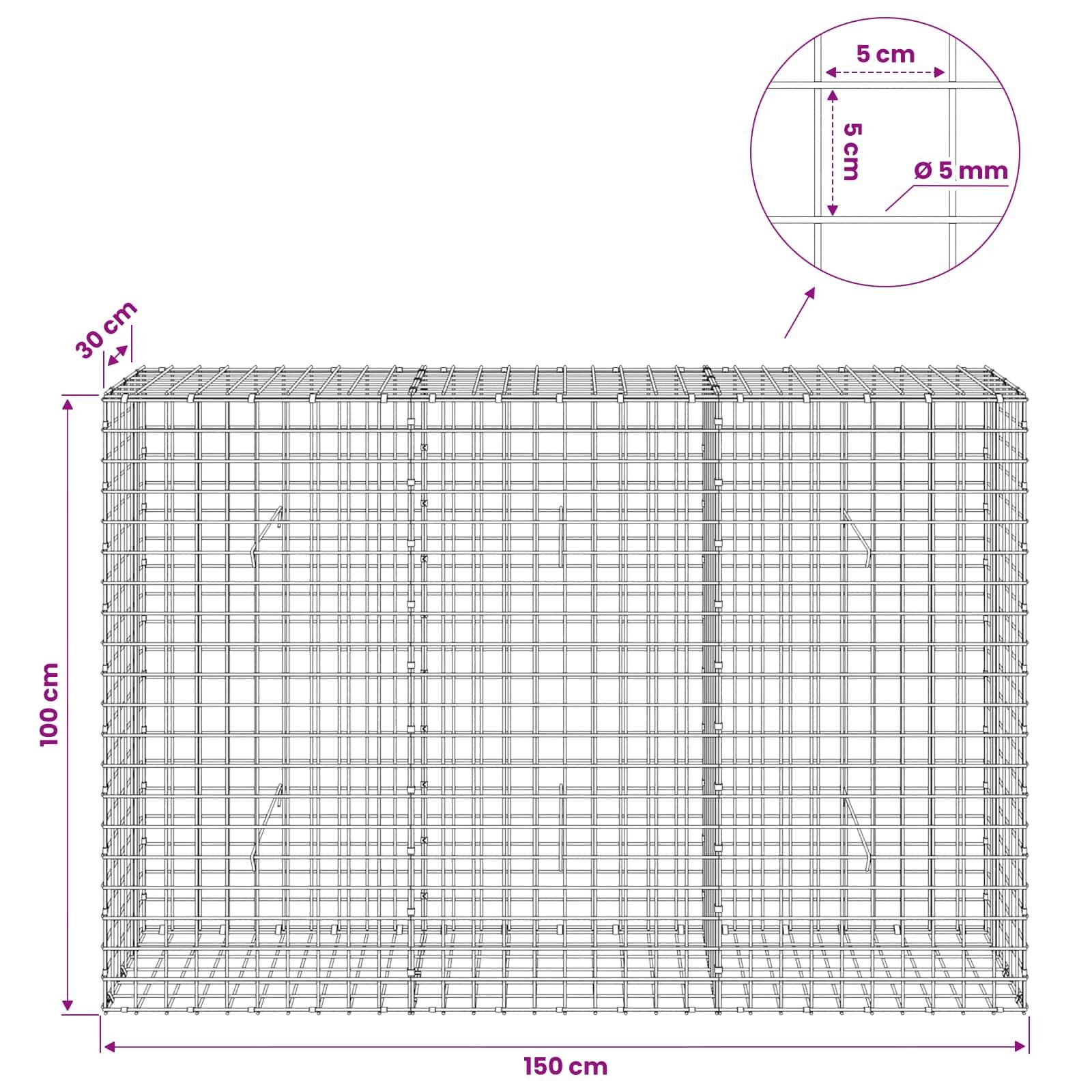 Drahtkorbgabione aus Maschengeflecht, gekennzeichnet mit 150 cm Breite, 100 cm Höhe, 30 cm Tiefe, mit 5 cm Quadratmaschengitter und 5 mm Drahtdurchmesser.
