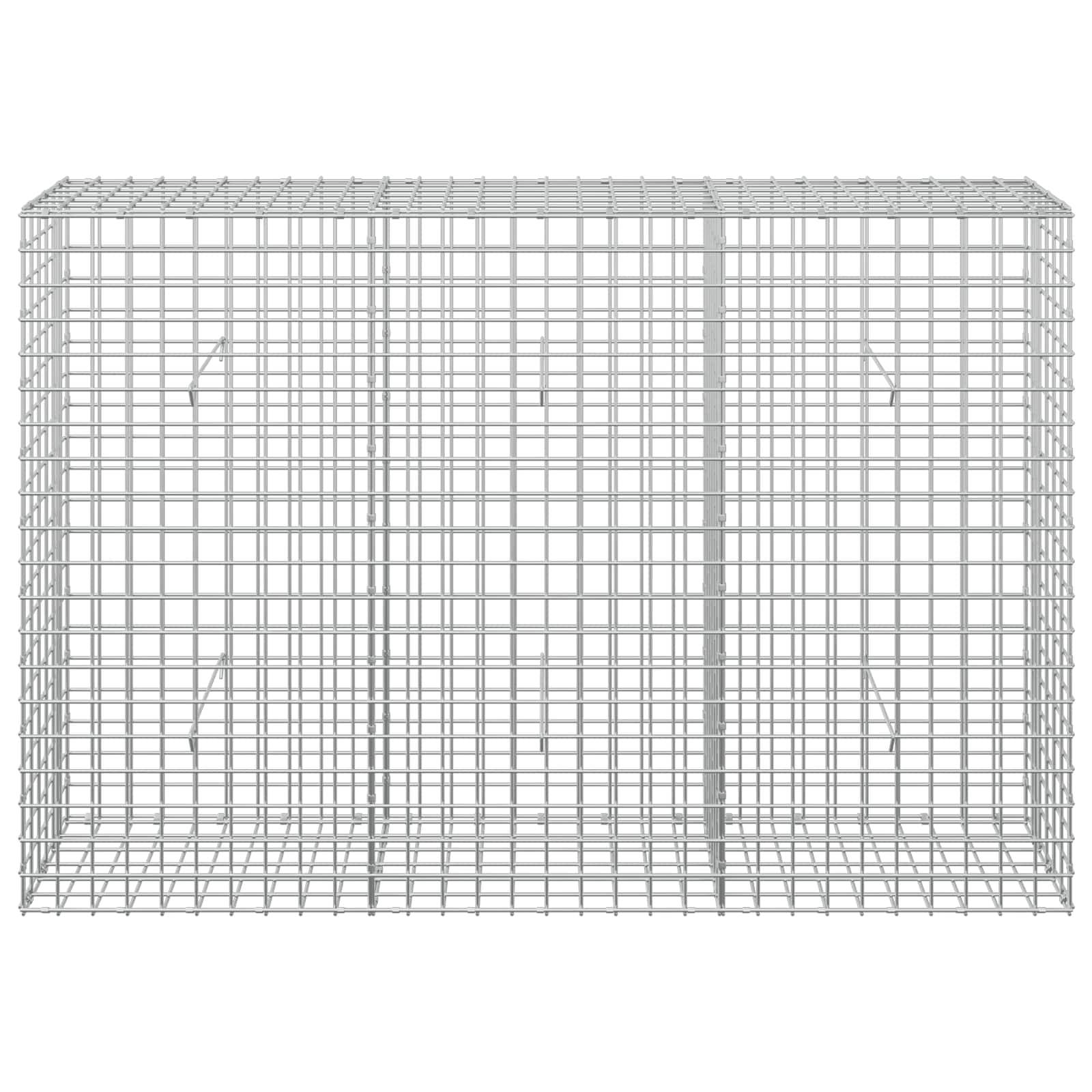 Drahtkäfig oder Lagergehäuse in Seitenansicht, hergestellt aus einem rechteckigen Metallgitter mit einem angelenkten vorderen Bedienfeld.
