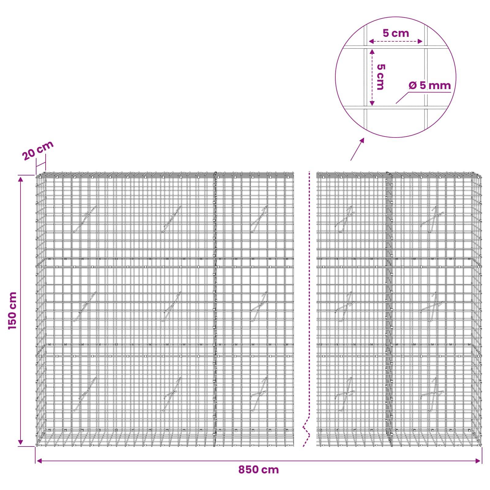 Technisches Schaubild eines Drahtgitterpanels mit Abmessungen: 850 cm Breite, 150 cm Höhe, 20 cm Tiefe; Detailansichten zeigen 5 cm Abstand und 5 mm Drahtdurchmesser.