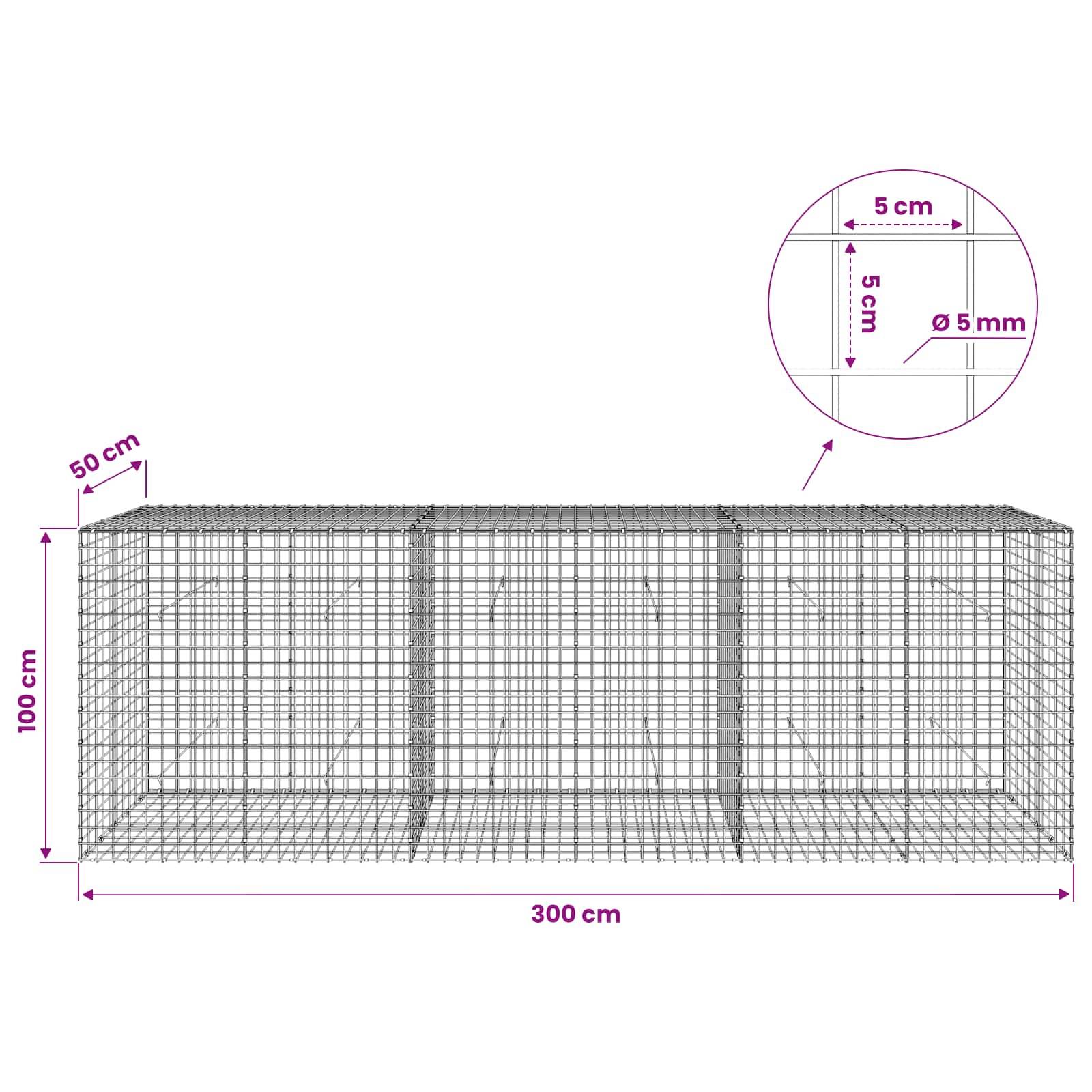 Drahtgeflecht-Käfig-Diagramm mit Abmessungen: 300 cm lang, 100 cm hoch, 50 cm tief, mit 5 cm Rastermaß und 5 mm Drahtdurchmesser.