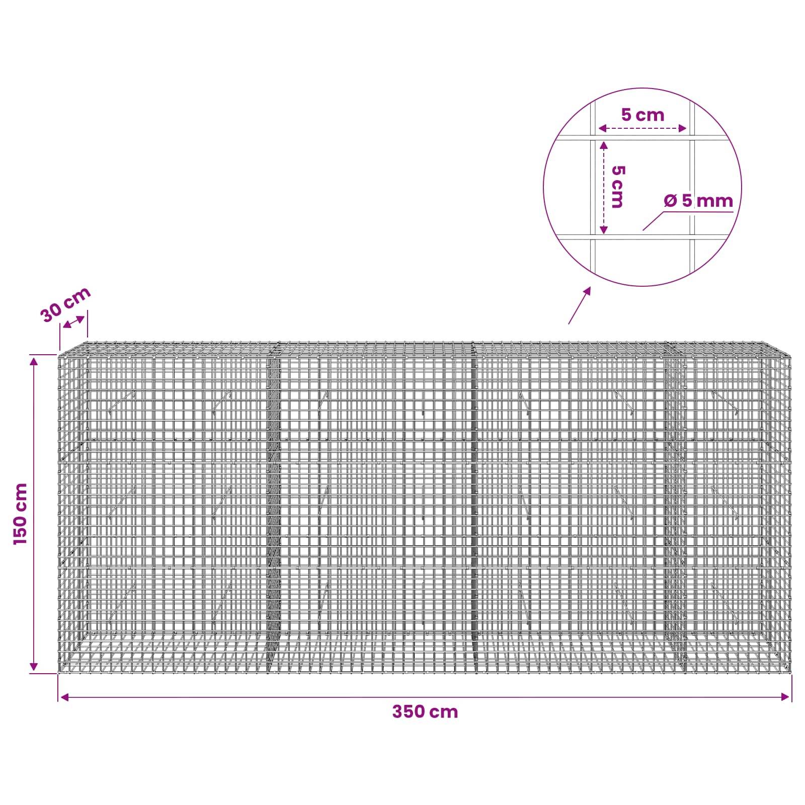 Drahtgeflecht-Gabionenkorbdiagramm mit Abmessungen: 350 cm lang, 150 cm hoch, 30 cm tief, mit 5 cm Raster und 5 mm Draht.