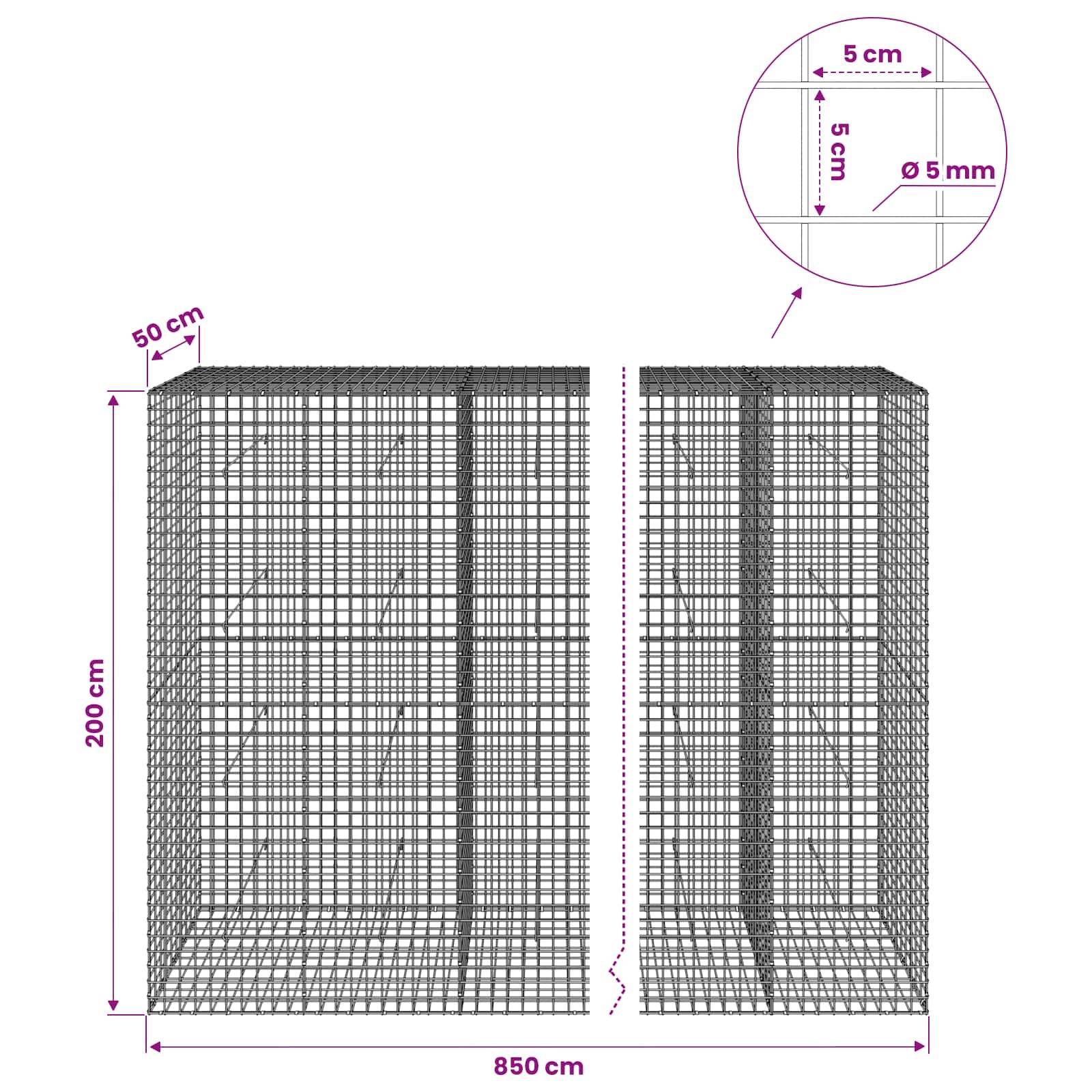 Technische Zeichnung eines Drahtgitterkäfigs mit zwei nach vorne gerichteten Abteilen; Abmessungen mit 850 cm Breite, 200 cm Höhe, 50 cm Tiefe, 5 cm Maschenweite und 5 mm Drahtdicke gekennzeichnet.