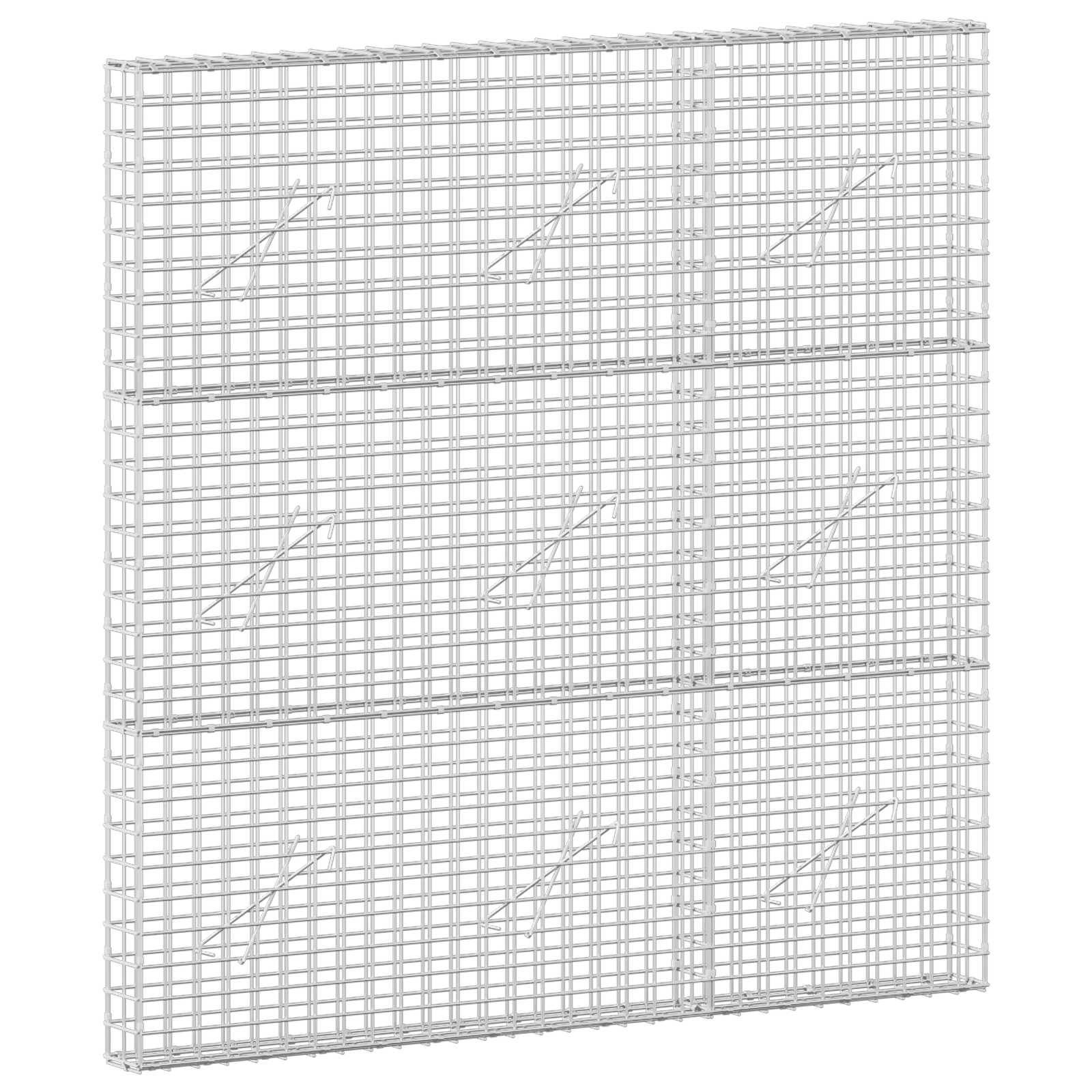 Ein großes rechteckiges Drahtgitter-Käfig- oder Gabionenpaneel mit einem Gitter aus Metallstäben, perspektivisch auf weißem Hintergrund dargestellt.