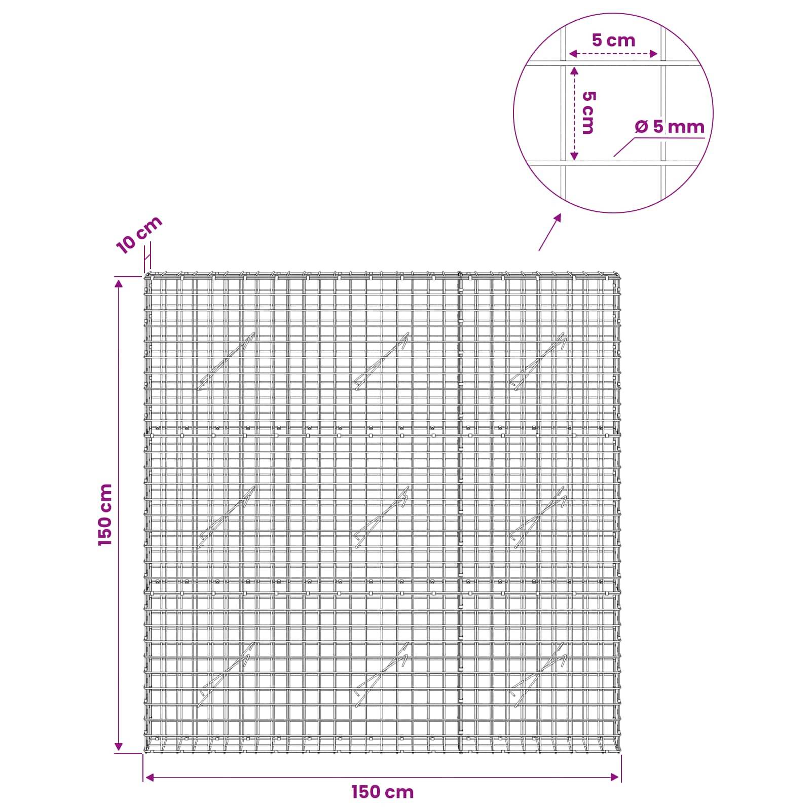 Technische Zeichnung eines Drahtgitterpanels mit den Abmessungen 150 cm x 150 cm, mit 10 cm Randabstand und 5 cm Gitterabstand und 5 mm Drahtdurchmesser in der Detailansicht gezeigt.
