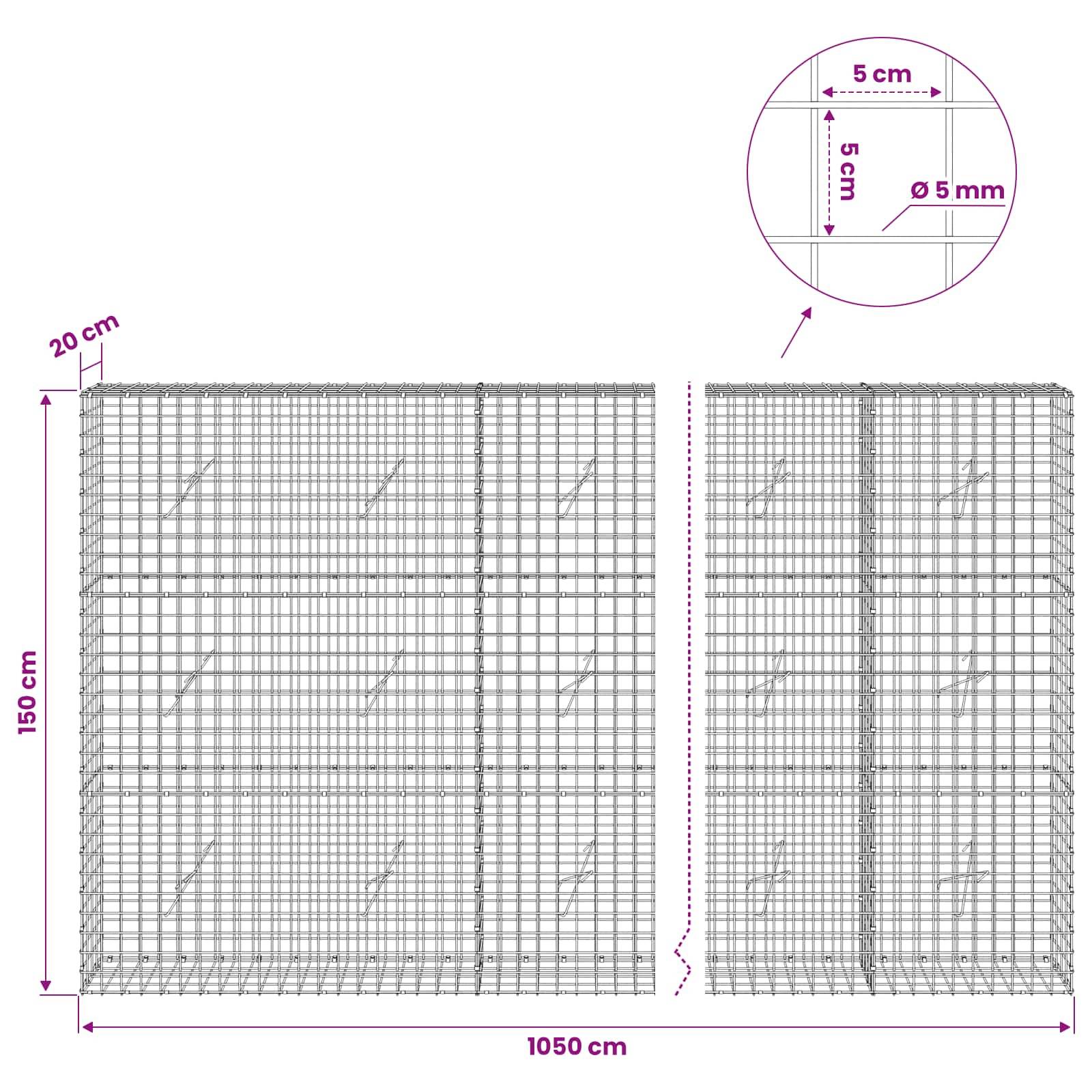Technisches Diagramm eines Drahtgitterpanels mit Abmessungen: 1050 cm breit, 150 cm hoch, 20 cm Tiefe, mit 5 cm Gitterabstand und 5 mm Drahtdurchmesser.