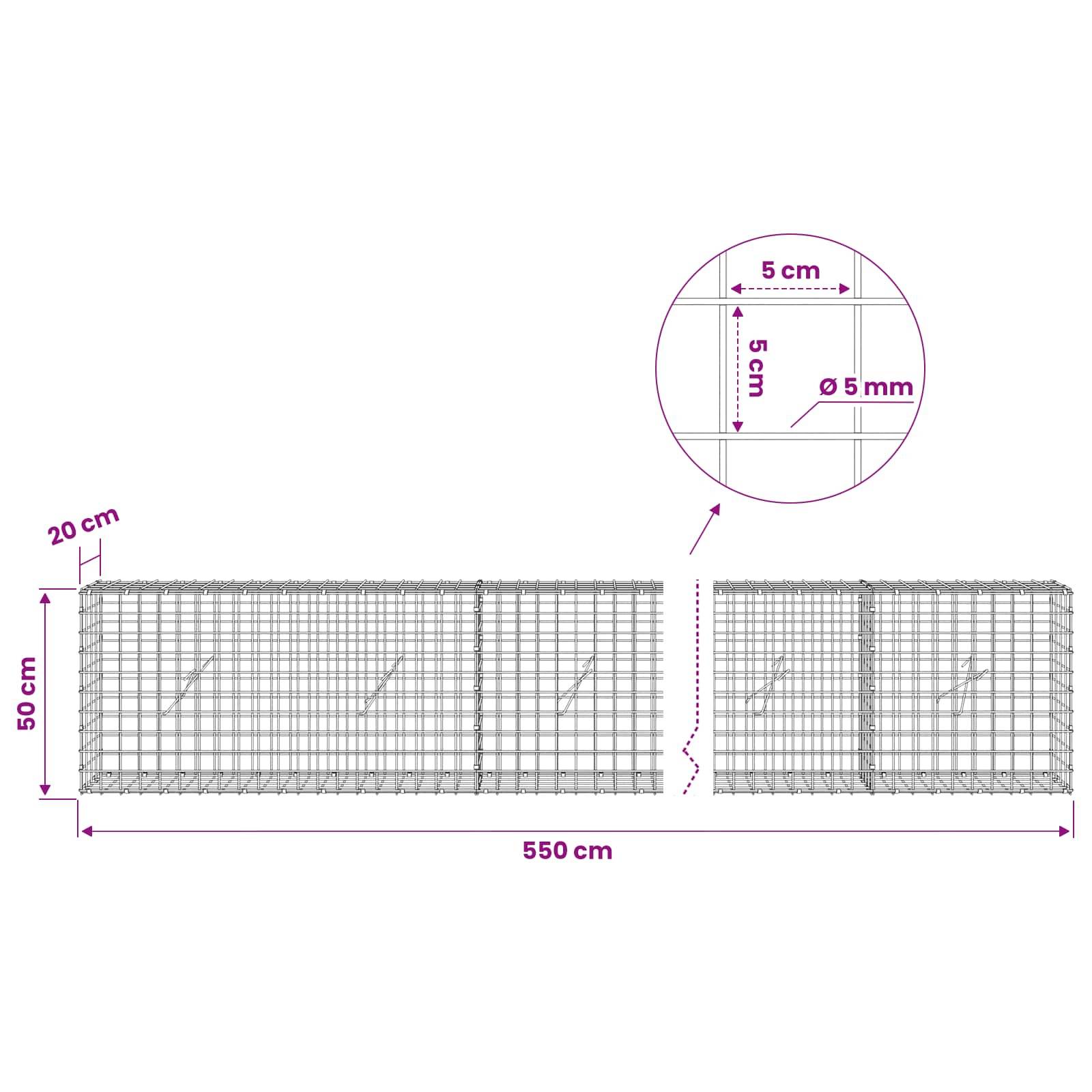 Drahtgeflecht-Paneele mit den angegebenen Abmessungen: 550 cm lang, 50 cm hoch, 20 cm Abstand, und Detailausschnitt von 5 cm x 5 cm Maschenweite aus 5 mm Draht.