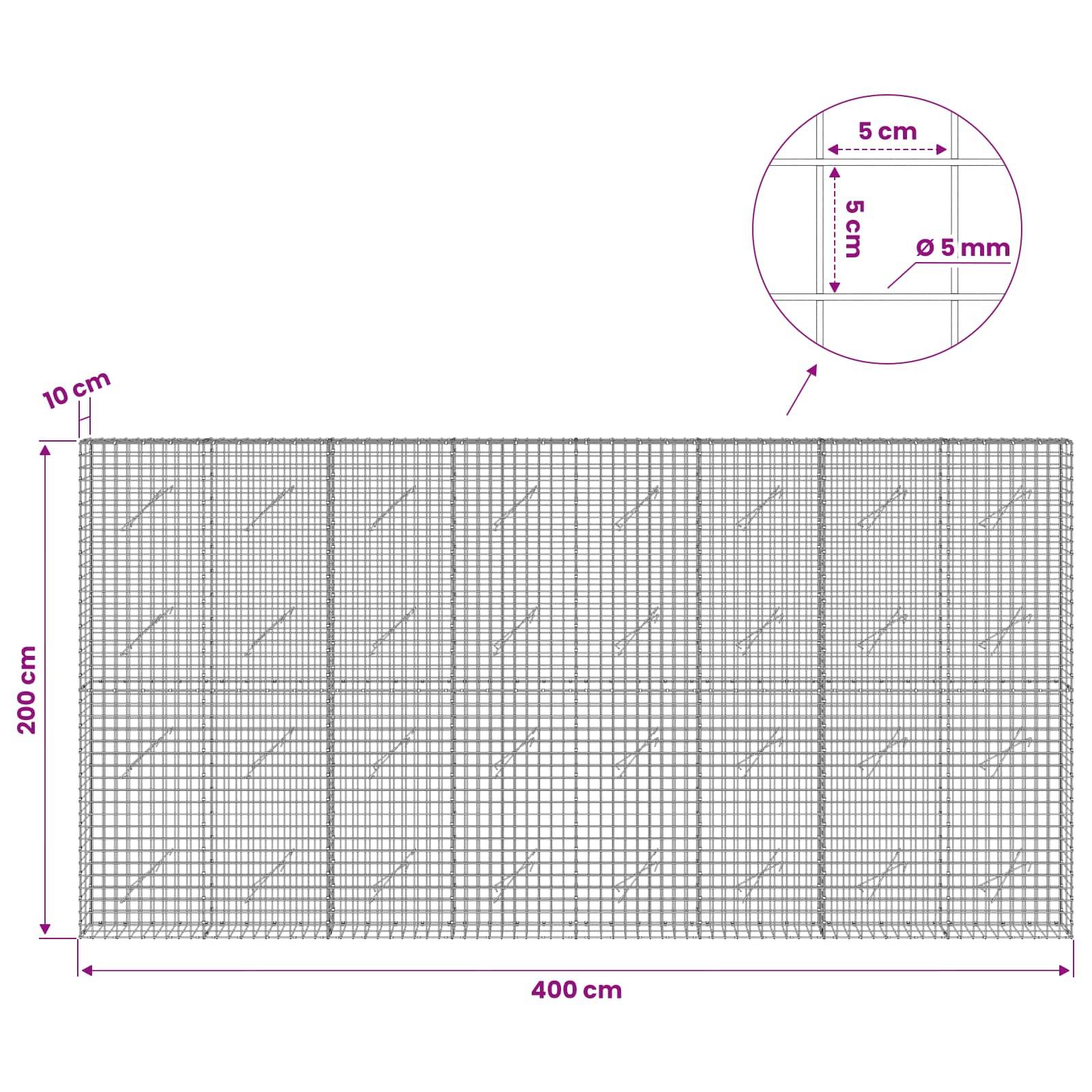 Technisches Diagramm eines rechteckigen Drahtmaschenfelds, 400 cm breit und 200 cm hoch, mit 10 cm Kantenabstand und einer Detailzeichnung mit 5 cm Raster und 5 mm Drahtdurchmesser.