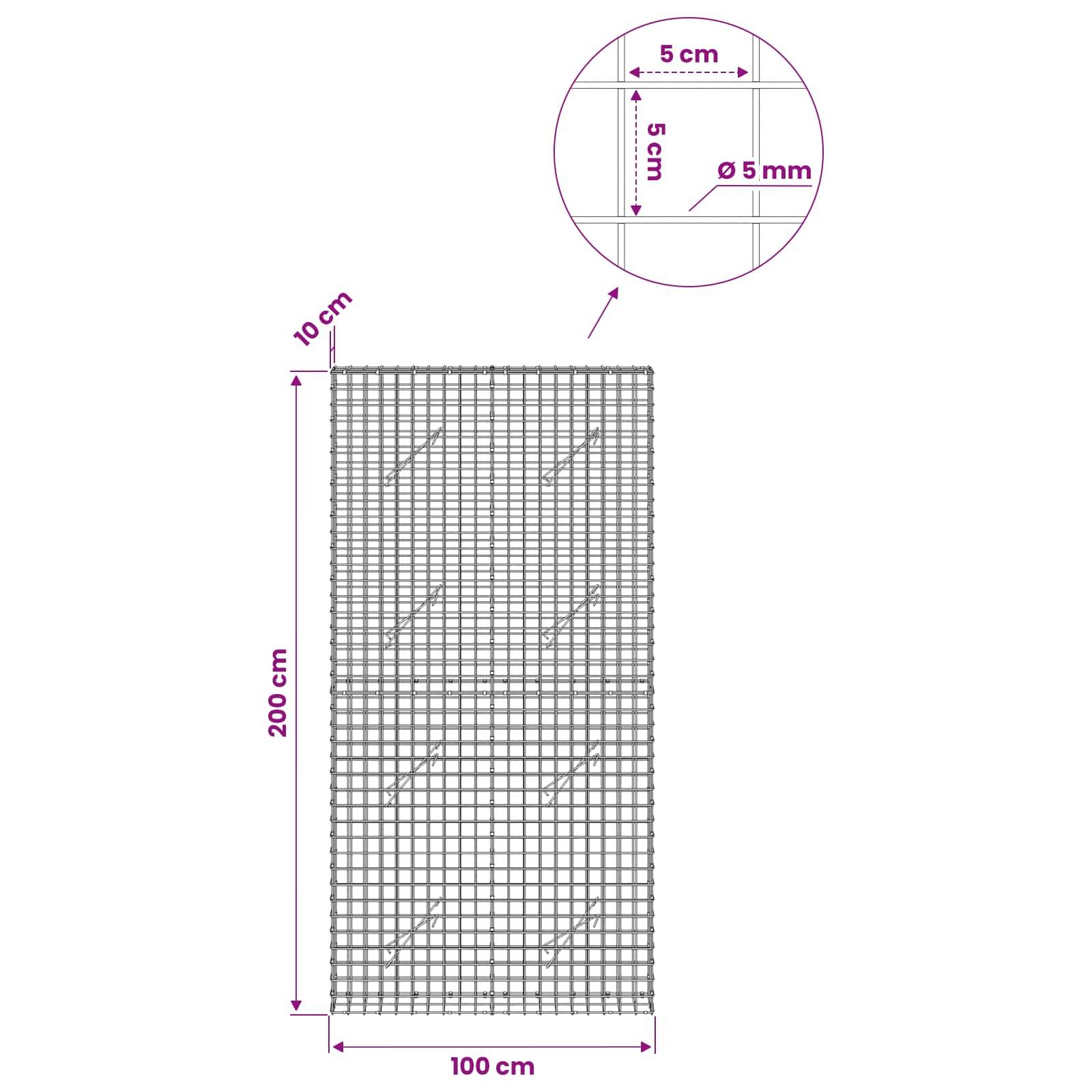Bewehrungsgitter-Paneeldiagramm mit einem 200 cm × 100 cm Blatt mit 5 cm Rasterabstand und 5 mm Drahtdurchmesser sowie einem 10 cm oberen Rand.