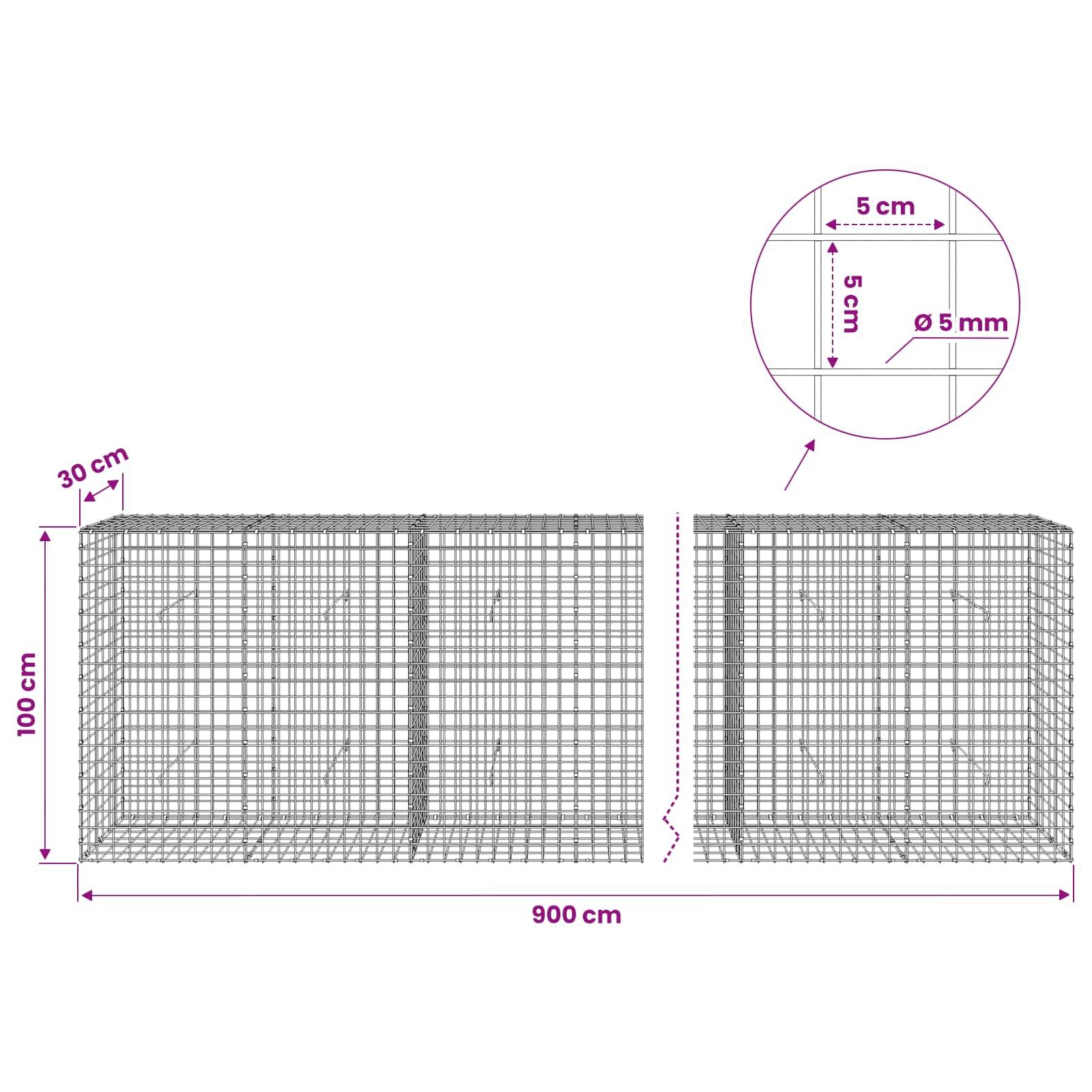 Drahtgitter-Schotterkörbe-Diagramm mit 900 cm Länge, 100 cm Höhe, 30 cm Tiefe und 5 cm Quadratmaschengitter mit Ø5 mm Draht.