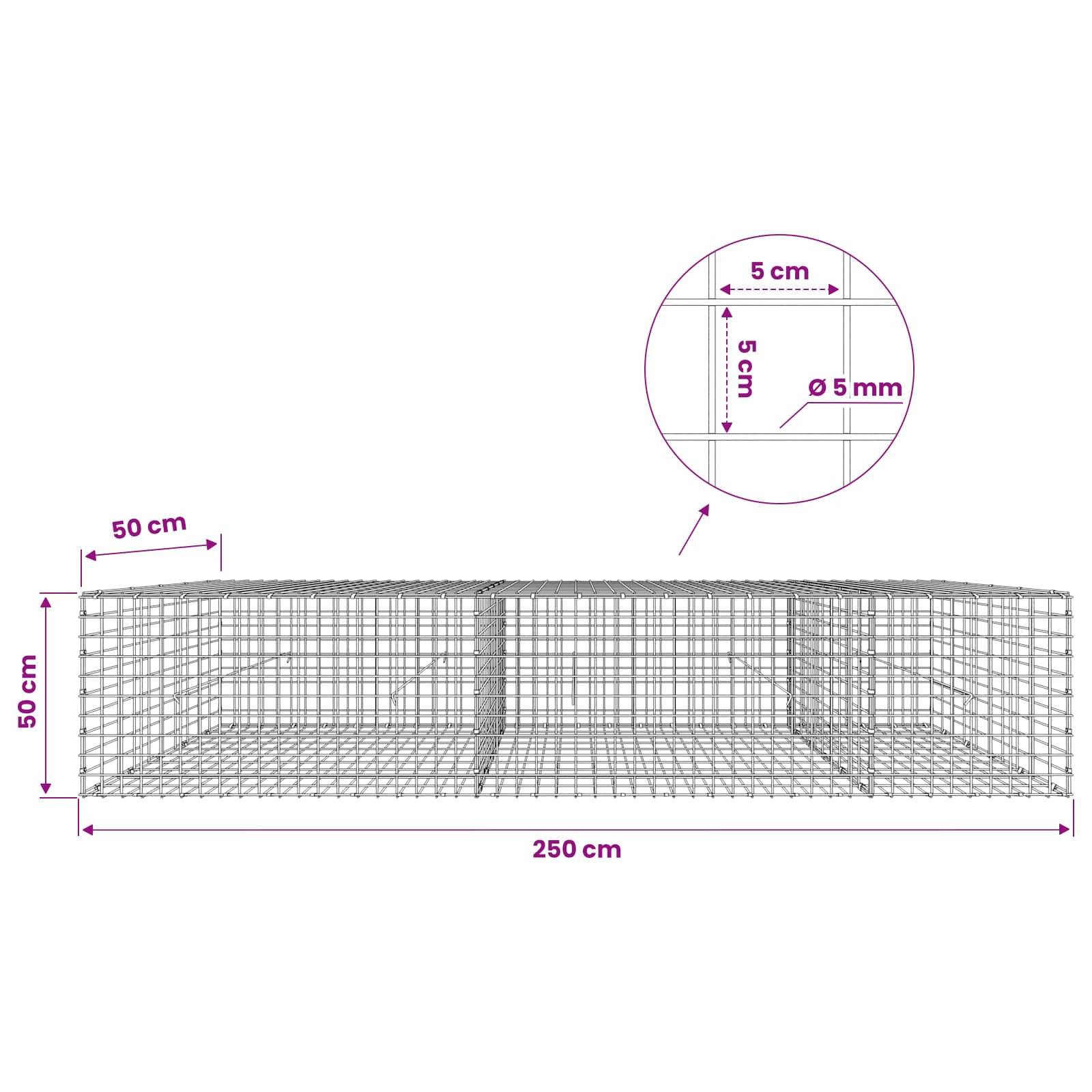 Drahtgeflecht-Gabionenkastendiagramm, das einen 250 cm langen, 50 cm hohen, 50 cm breiten rechteckigen Käfig zeigt, mit vergrößerter Detailansicht, die 5 cm Maschenweite und 5 mm Drahtdicke angibt.
