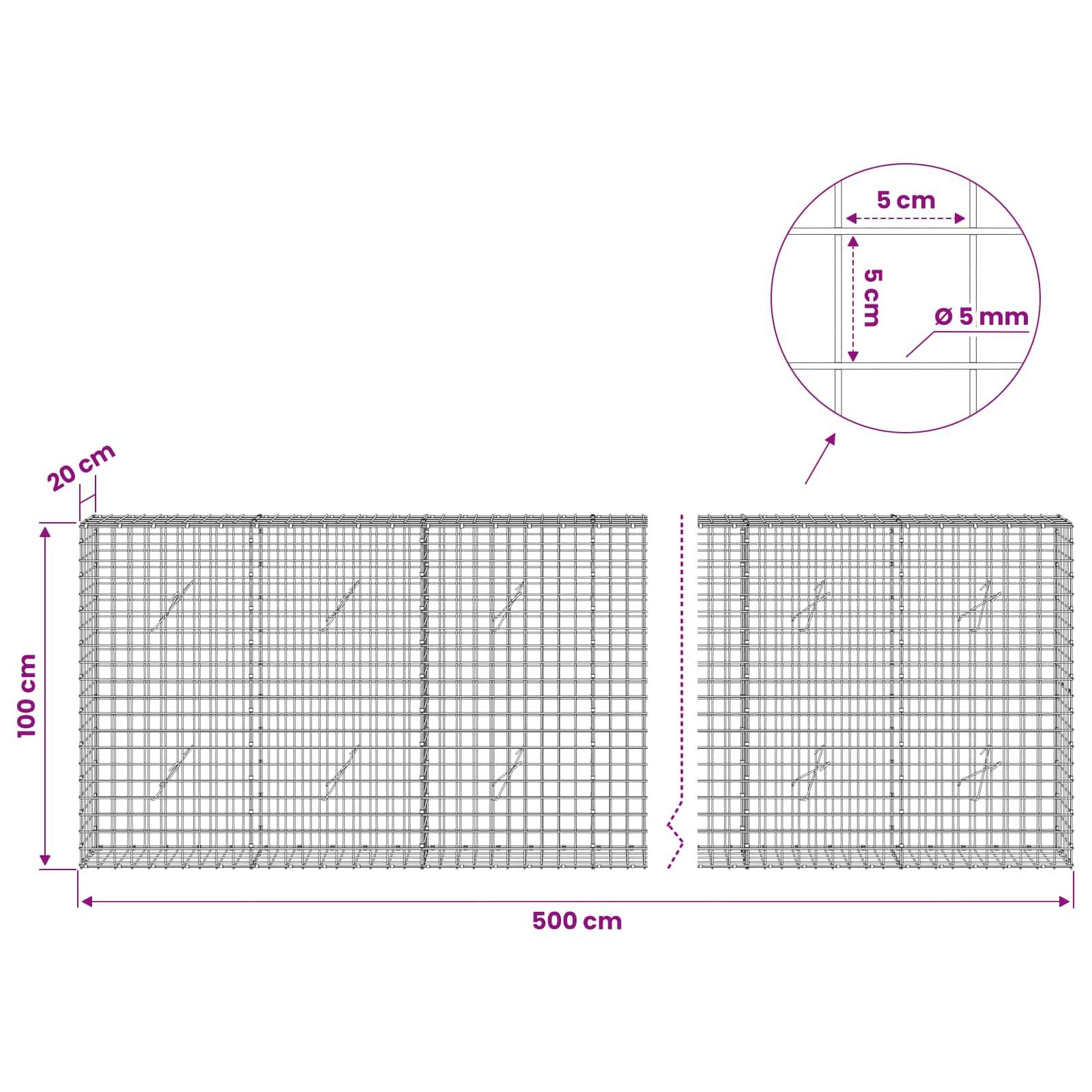 Technische Zeichnung von Drahtgitterpaneelen, die einen 500 cm breiten und 100 cm hohen Zaun-Abschnitt mit 20 cm Abstand und eine Nahaufnahme-Detail eines 5 cm Gitters und 5 mm Drahtdurchmesser zeigt.