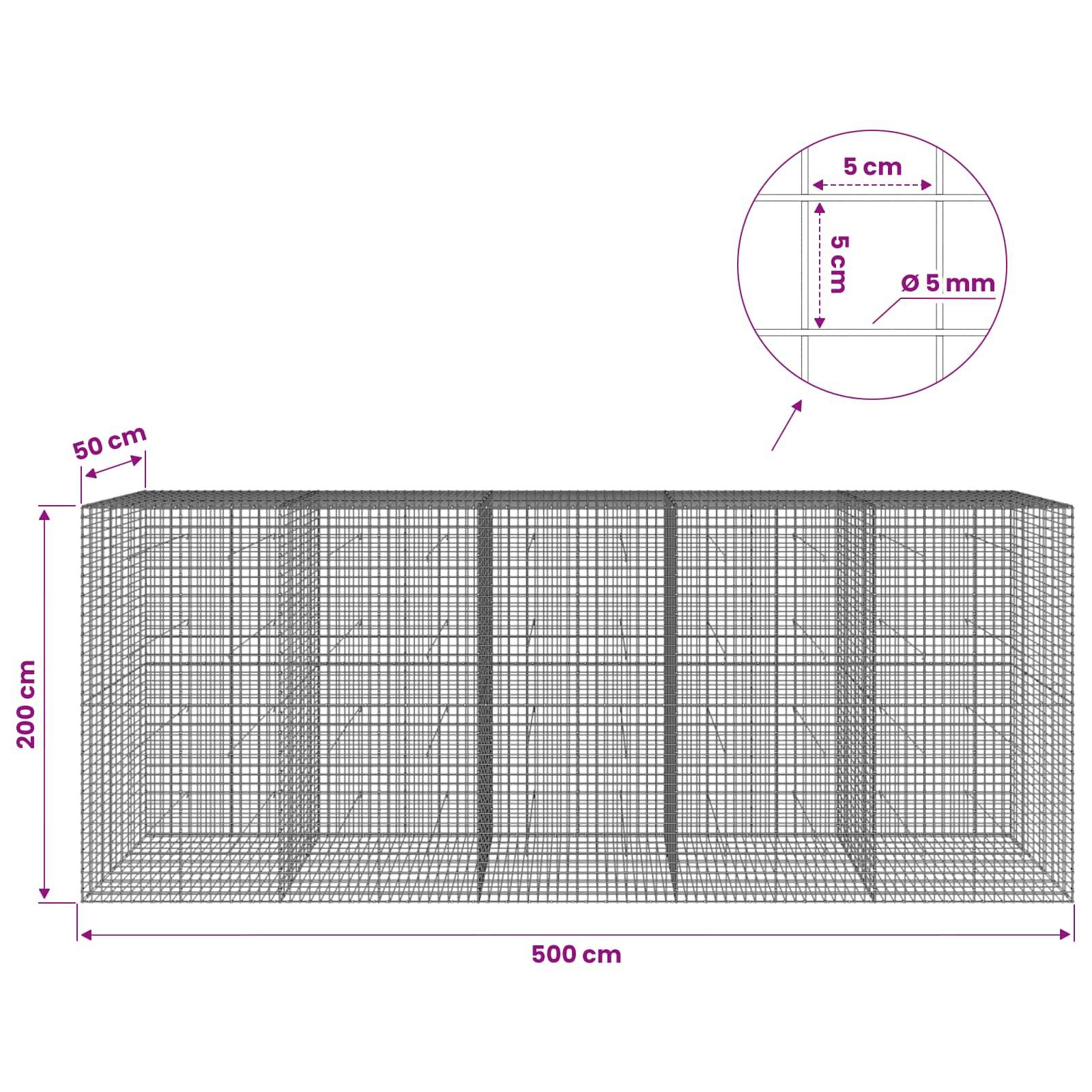 Diagramm einer Drahtkorbgabionenmauer, 500 cm lang und 200 cm hoch, hergestellt aus 5 cm Quadratmasche mit 5 mm Draht und 50 cm Tiefe.