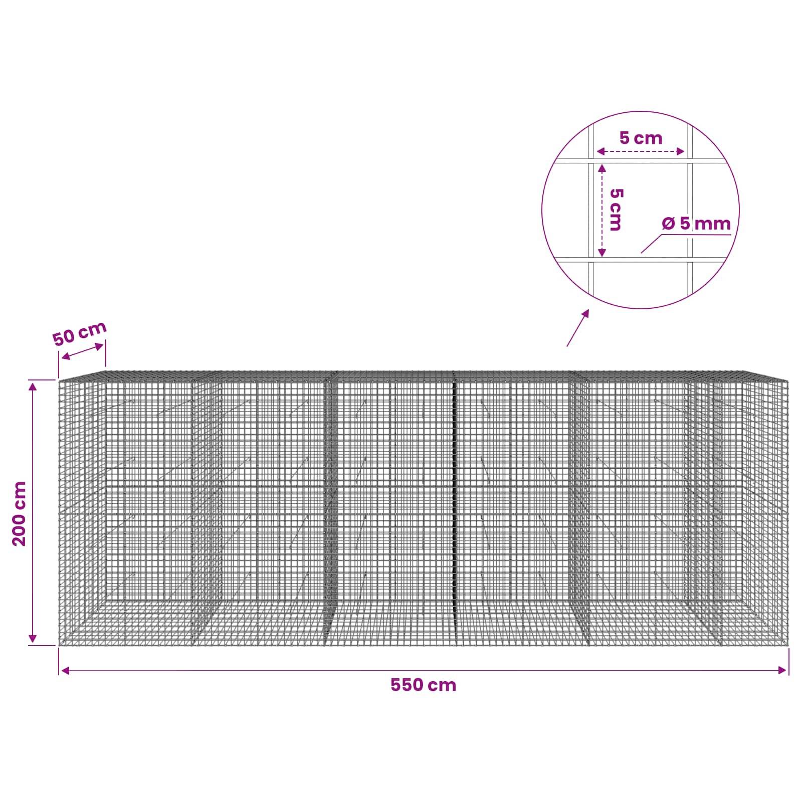 Drahtnetz-Gehäusediagramm mit einer 550 cm breiten, 200 cm hohen, 50 cm tiefen Struktur mit einer 5 cm Maschenweite und einer Detailansicht mit 5 mm Drahtdurchmesser.