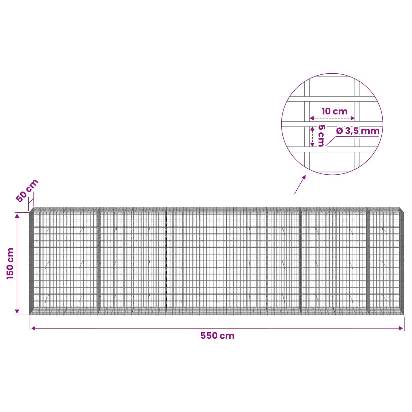 Technisches Diagramm eines Drahtgitterpanels, 550 cm breit und 150 cm hoch, mit 50 cm Tiefe; Detailansicht zeigt 10 cm x 5 cm Maschenöffnungen und 3,5 mm Drahtdurchmesser.
