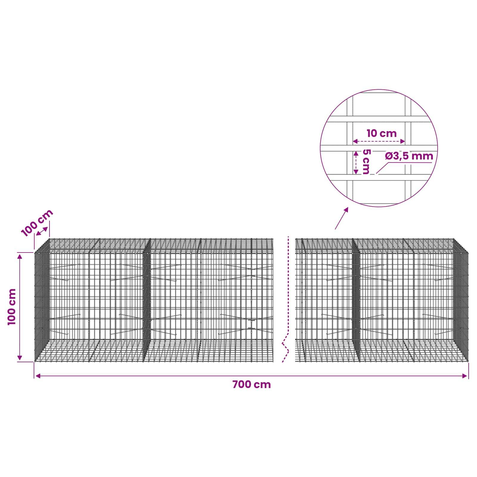 Technisches Diagramm einer Drahtkorbmauer aus Gabionen, das zwei verbundene Abschnitte zeigt, die 700 cm lang und 100 cm hoch sind, mit einer Nahaufnahme des 10 cm x 5 cm Maschennetzes und einem Drahtdurchmesser von 3,5 mm.