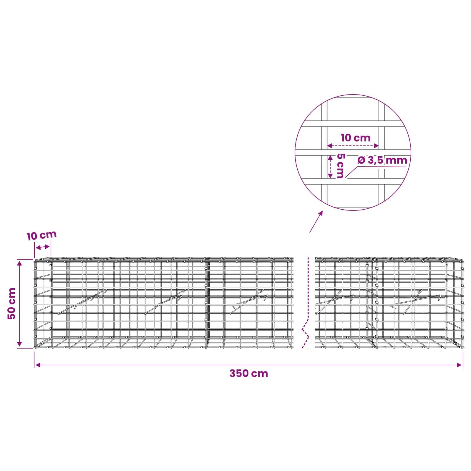 Drahtgitterpanel-Diagramm mit einem 350 cm breiten und 50 cm hohen Zaun-abschnitt mit 10 cm Maschenweite und 3,5 mm Drahtdurchmesser, plus eine Nahaufnahmedetail.