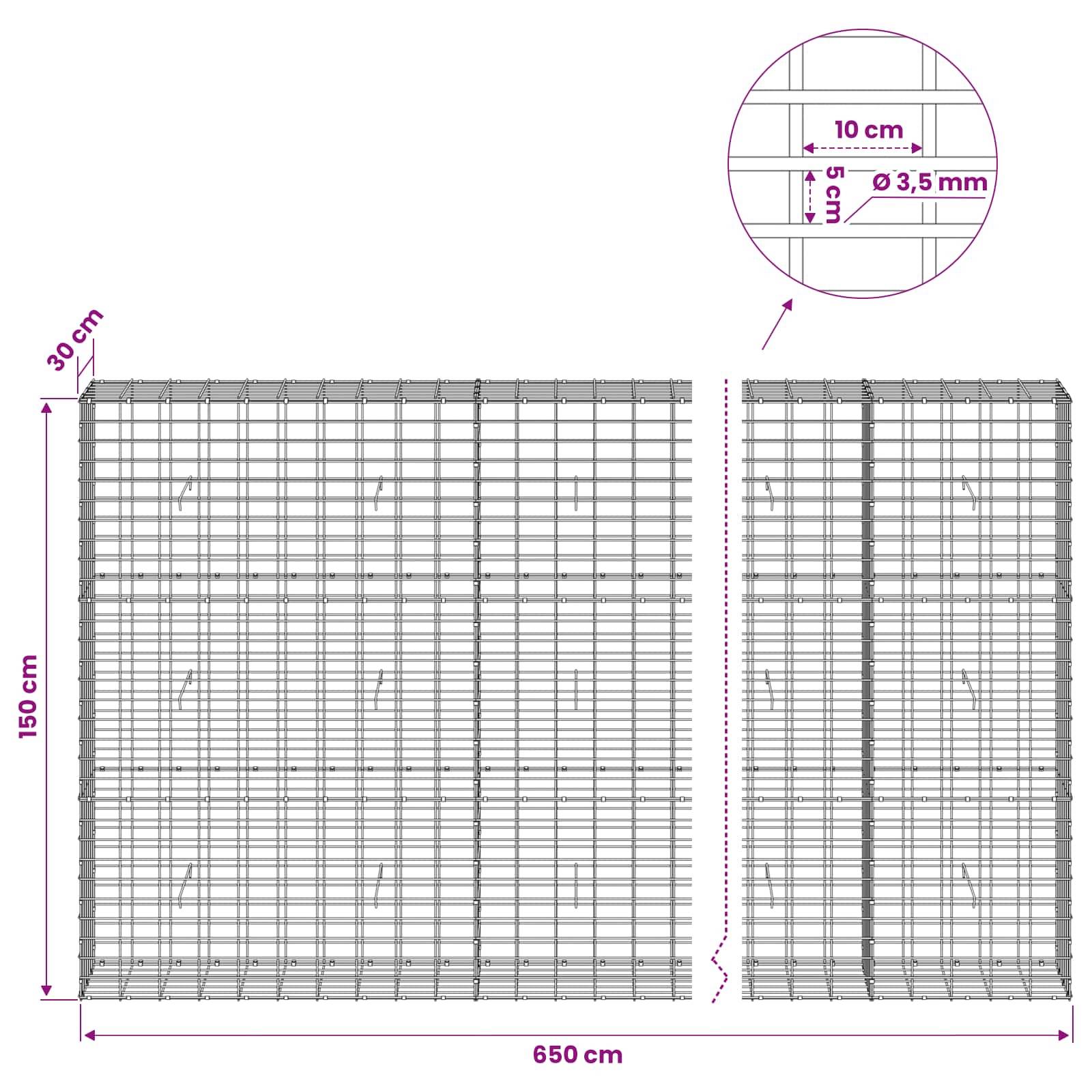 Technisches Diagramm zweier Drahtgitterpaneele mit Abmessungen: 650 cm Breite, 150 cm Höhe, 30 cm Tiefe; Nahaufnahme zeigt 10 cm Abstände und 3,5 mm Drahtdurchmesser.