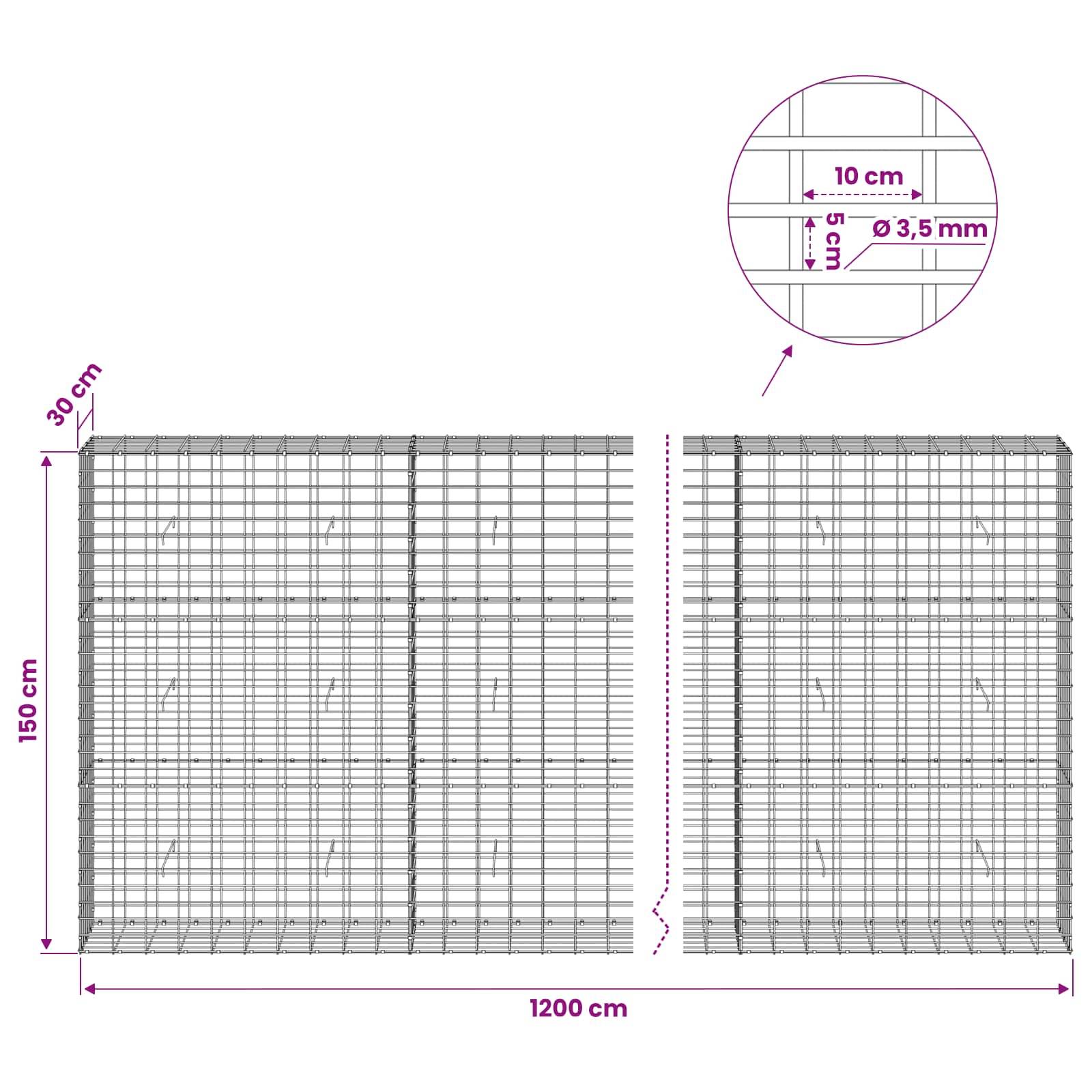 Technisches Diagramm von zwei großen Drahtgitterpanelen, 1200 cm breit und 150 cm hoch, mit einer Detailzeichnung, die einen Gitterabstand von 10 cm x 5 cm und eine Drahtdicke von 3,5 mm zeigt.