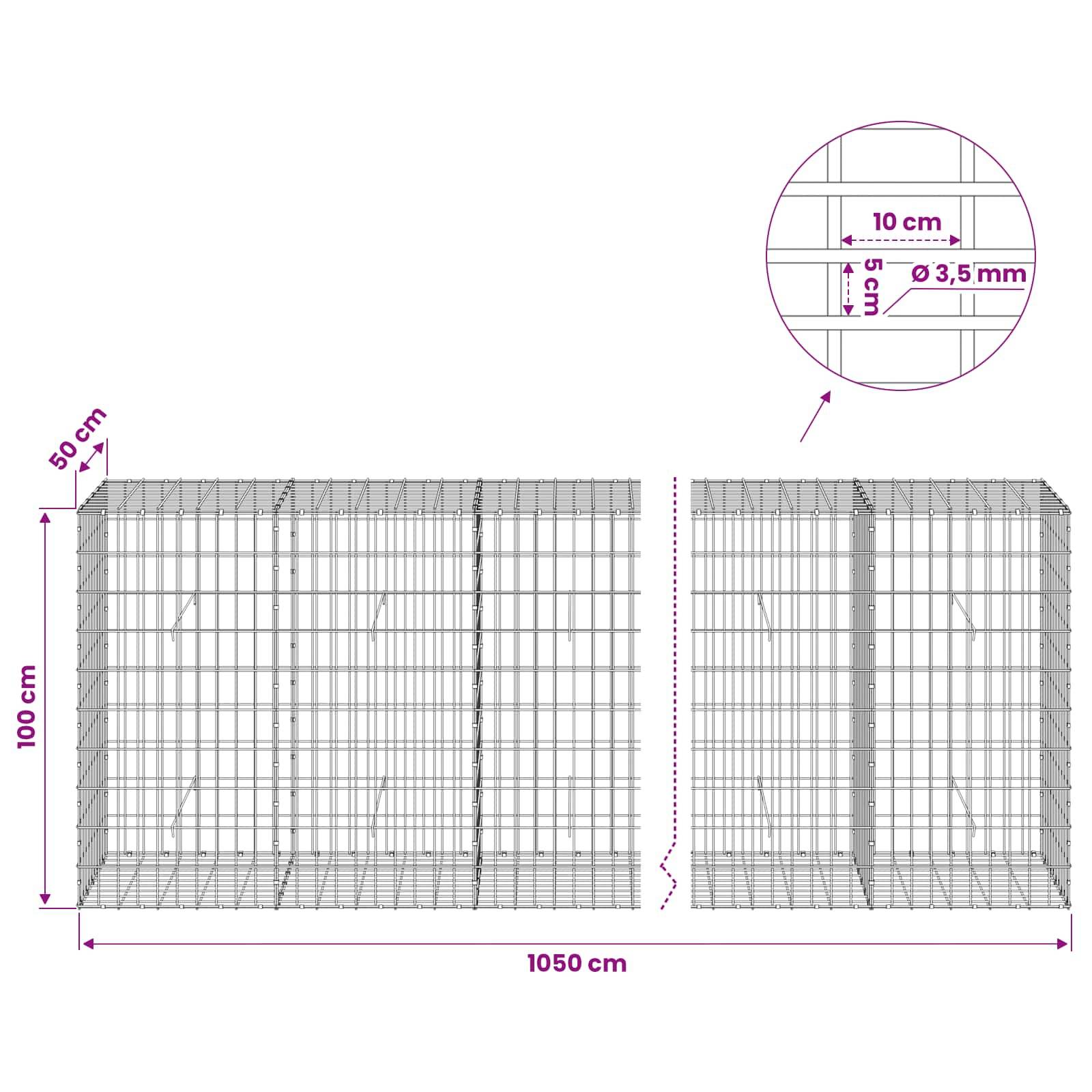 Drahtgitter-Gabionenmauer-Diagramm mit Abmessungen: 1050 cm lang, 100 cm hoch, 50 cm tief, mit 10 cm x 5 cm Maschenöffnungen und 3,5 mm Drahtdurchmesser.