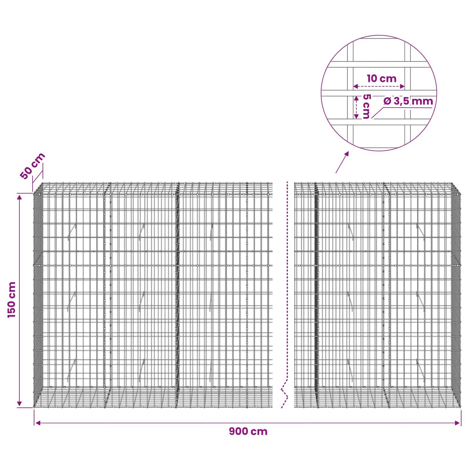 Diagramm zweier Maschendrahtzaun-Paneele mit Abmessungen: jeweils 150 cm hoch und 50 cm tief, Gesamtspannweite 900 cm. Detailansicht zeigt 10 cm x 5 cm Maschenweite mit 3,5 mm Draht.