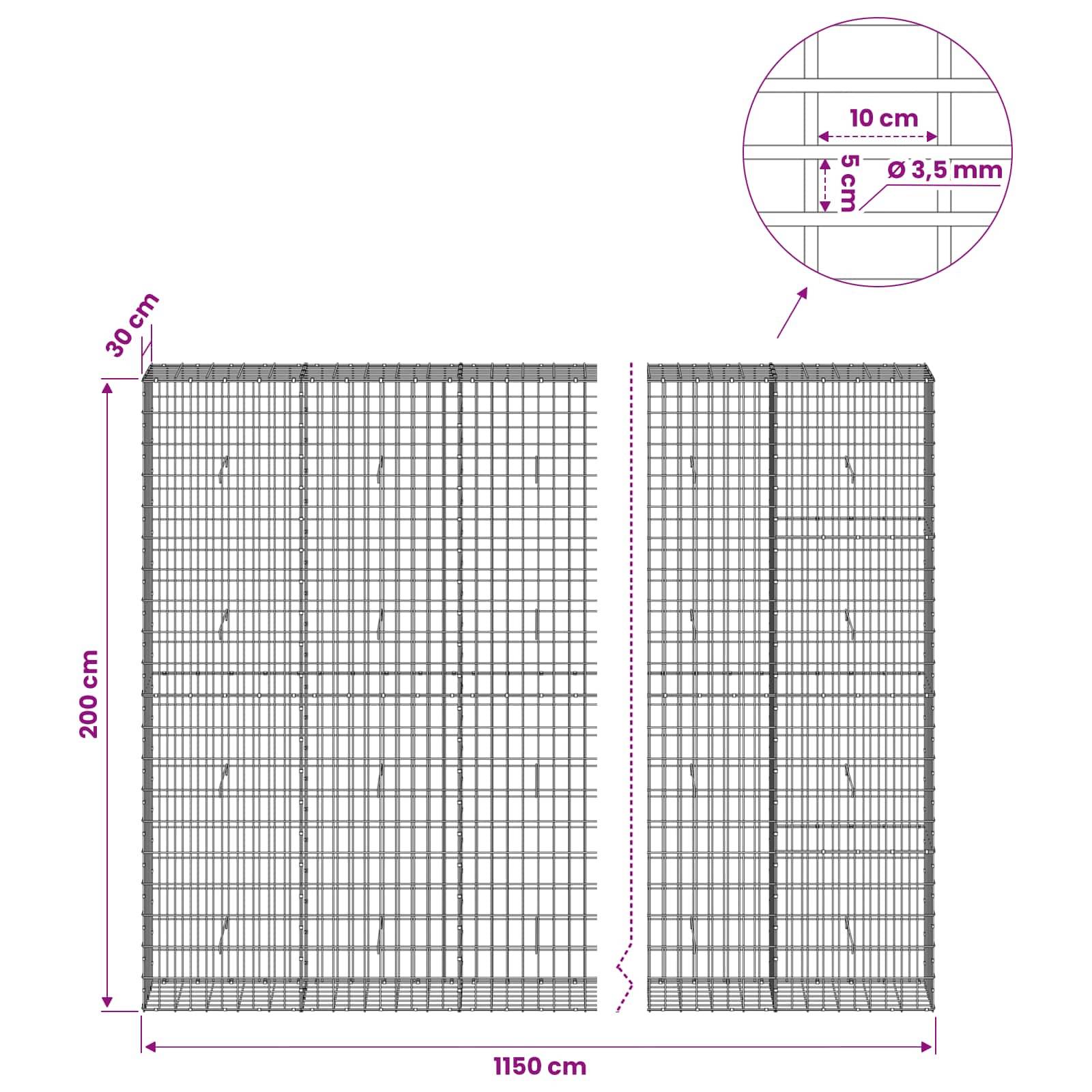 Technische Zeichnung von zwei Drahtgitterzaun-Paneelen mit Abmessungen: je 200 cm Höhe, 1150 cm Gesamtbreite, 30 cm oberer Versatz und Detailausschnitt zeigend 10 cm mal 5 cm Maschenweite mit 3,5 mm Draht.