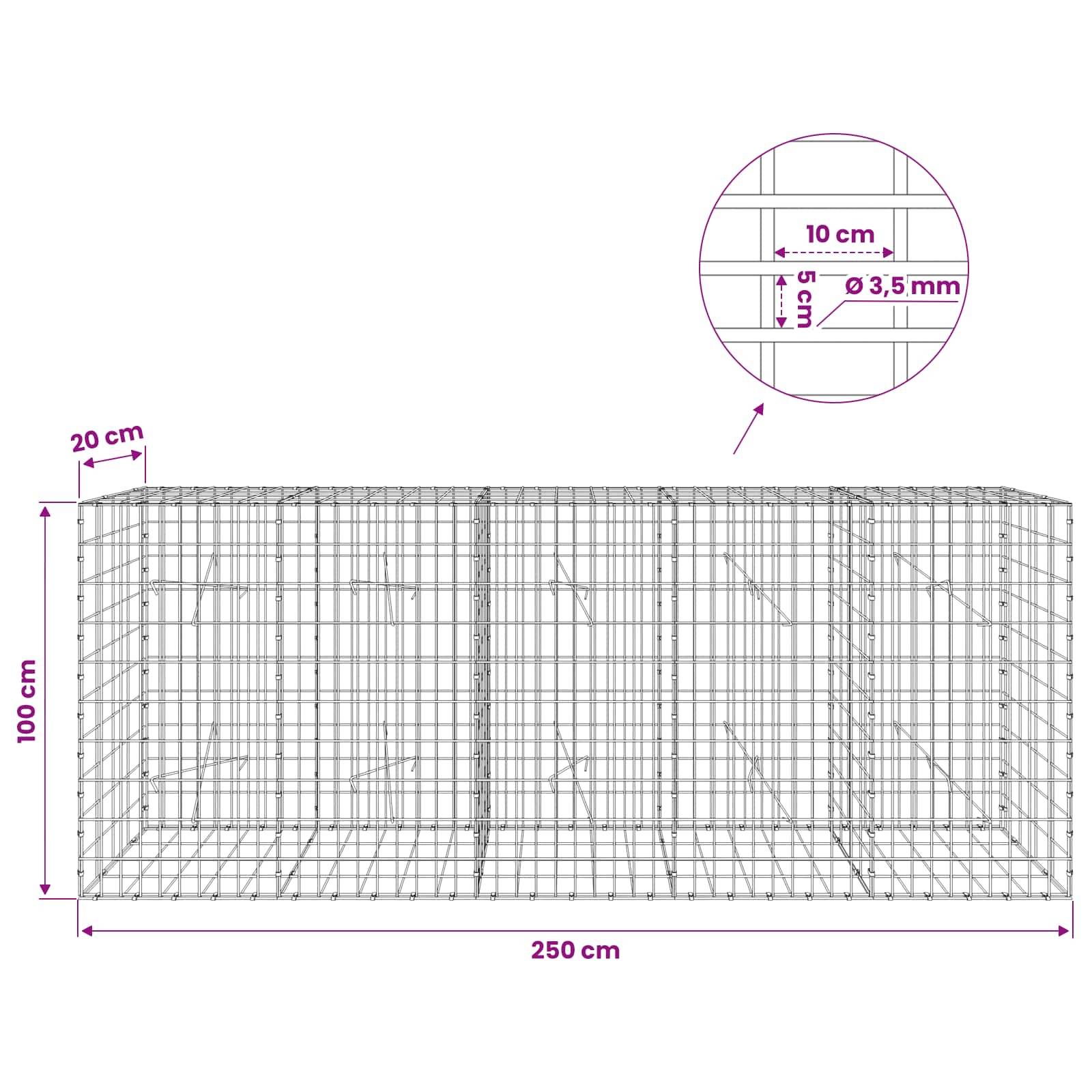 Drahtgitter-Gabionenkorb-Diagramm mit Abmessungen: 250 cm lang, 100 cm hoch, 20 cm tief, mit 10 cm x 5 cm Maschenöffnungen und 3,5 mm Draht.