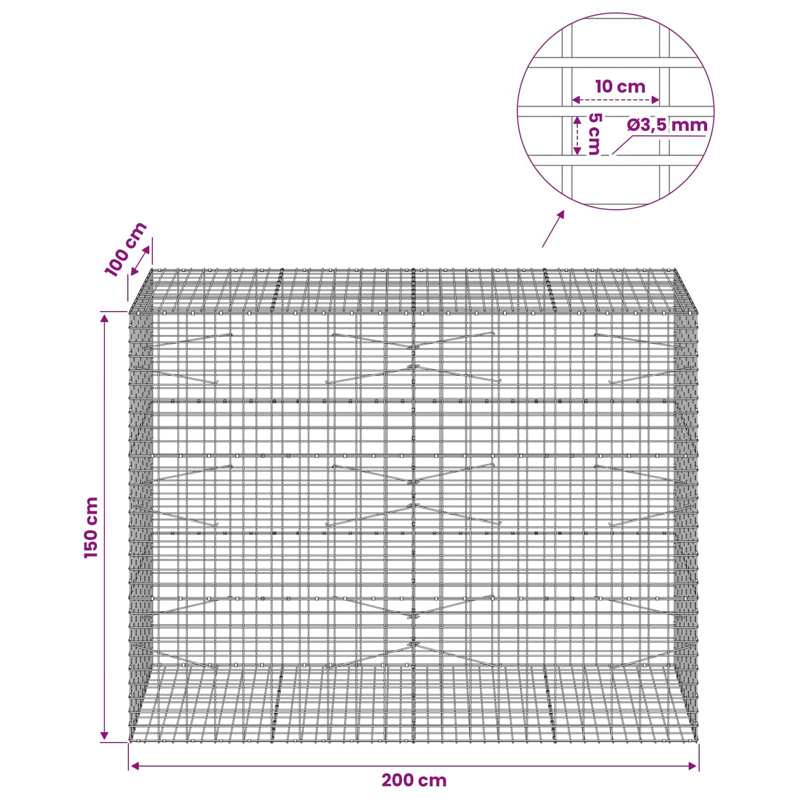 Drahtgeflecht-Steinkorb-Diagramm mit Abmessungen: 200 cm breit, 150 cm hoch, 100 cm tief, mit 10 cm x 5 cm Maschenweite und 3,5 mm Drahtdicke.