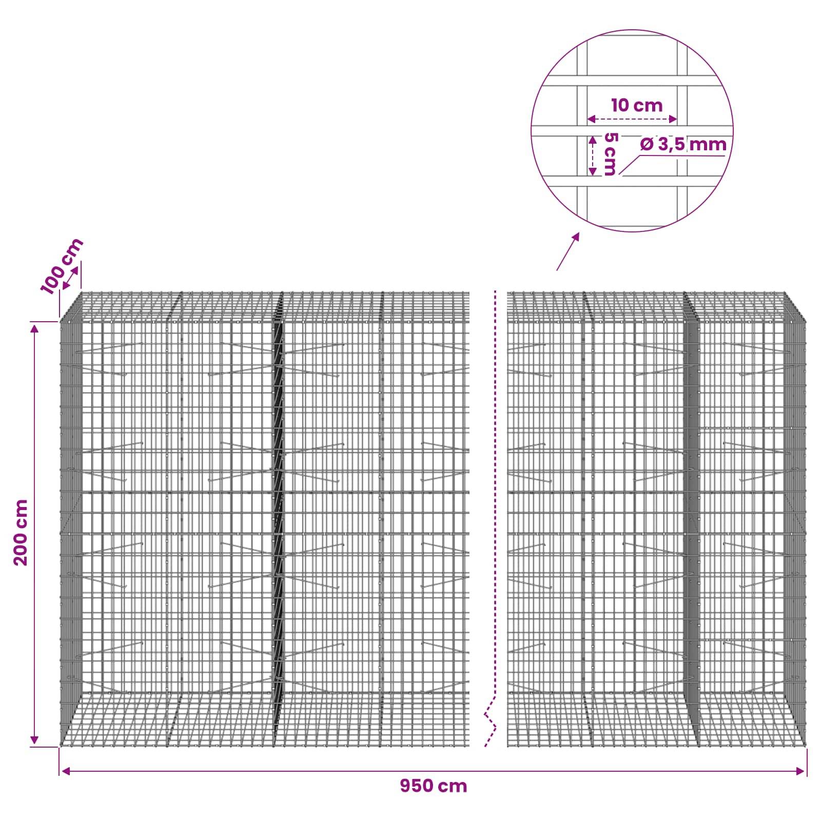 Technisches Diagramm einer Drahtgitter-Gabionenwand mit den folgenden Abmessungen: 950 cm Breite, 200 cm Höhe, 100 cm Tiefe, mit 10 cm Maschenweite und 3,5 mm Drahtdurchmesser.