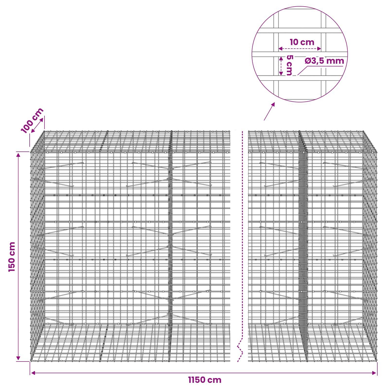 Technisches Diagramm eines Drahtgitter-Gabionen-Korbes mit den Abmessungen 1150 cm Länge, 150 cm Höhe, 100 cm Tiefe, mit 10 cm Maschenweite und 3,5 mm Draht.