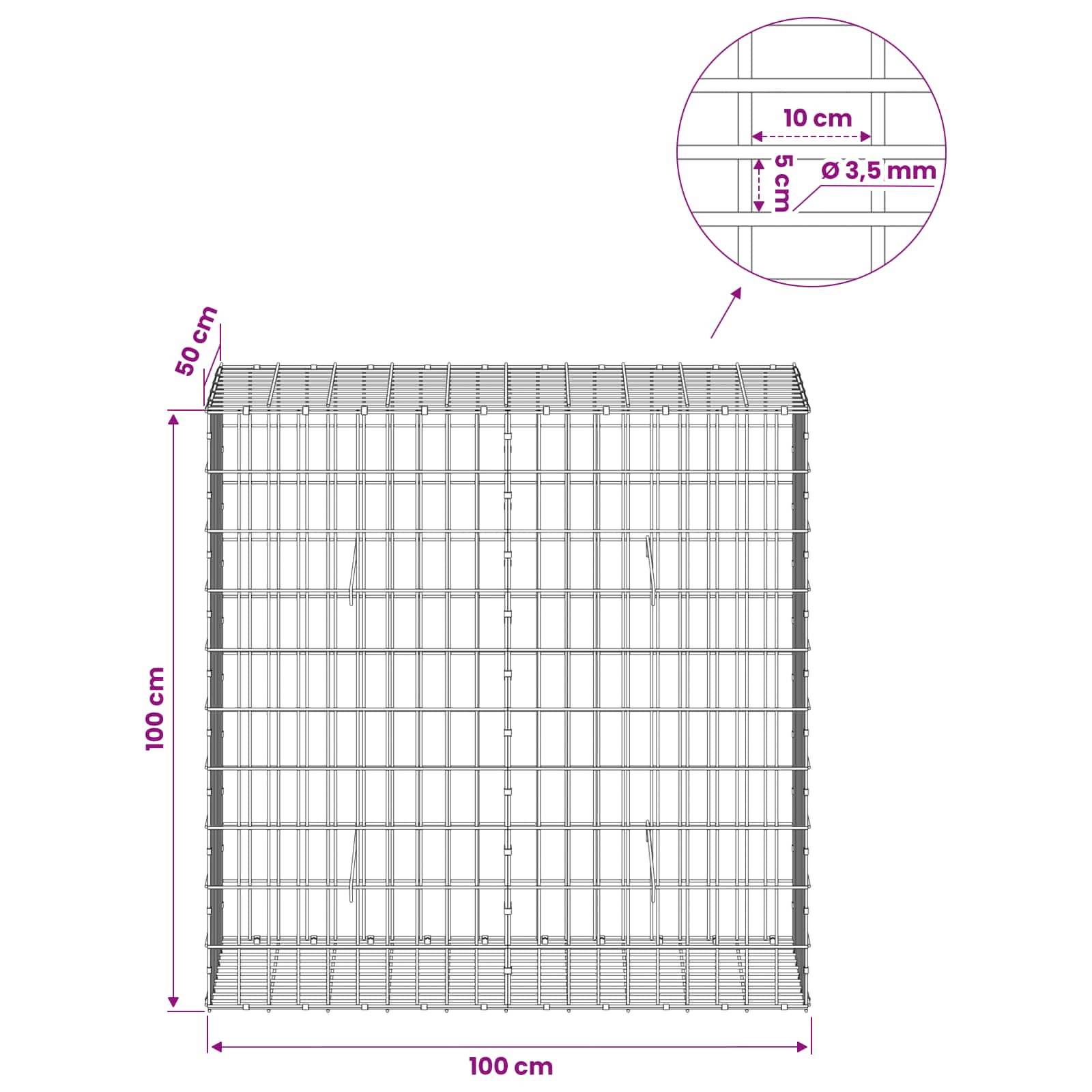 Drahtgitterpanel in Vorderansicht dargestellt, 100 cm breit x 100 cm hoch und 50 cm tief, mit 10 cm Gitter und 3,5 mm Draht.