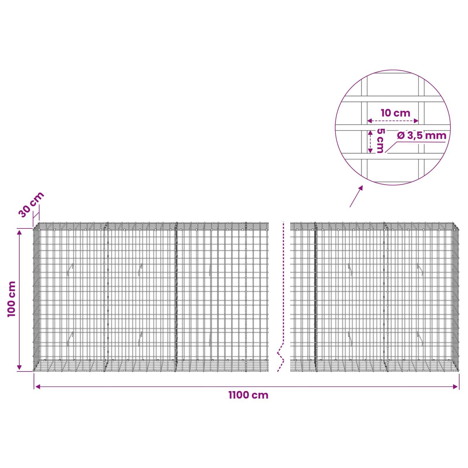 Diagramm eines Drahtgitterzaun-Paneels mit Abmessungen: 1100 cm Breite, 100 cm Höhe, 30 cm oberer Bereich, mit 10 cm Abstand und 3,5 mm Drahtdurchmesser Detailansicht.