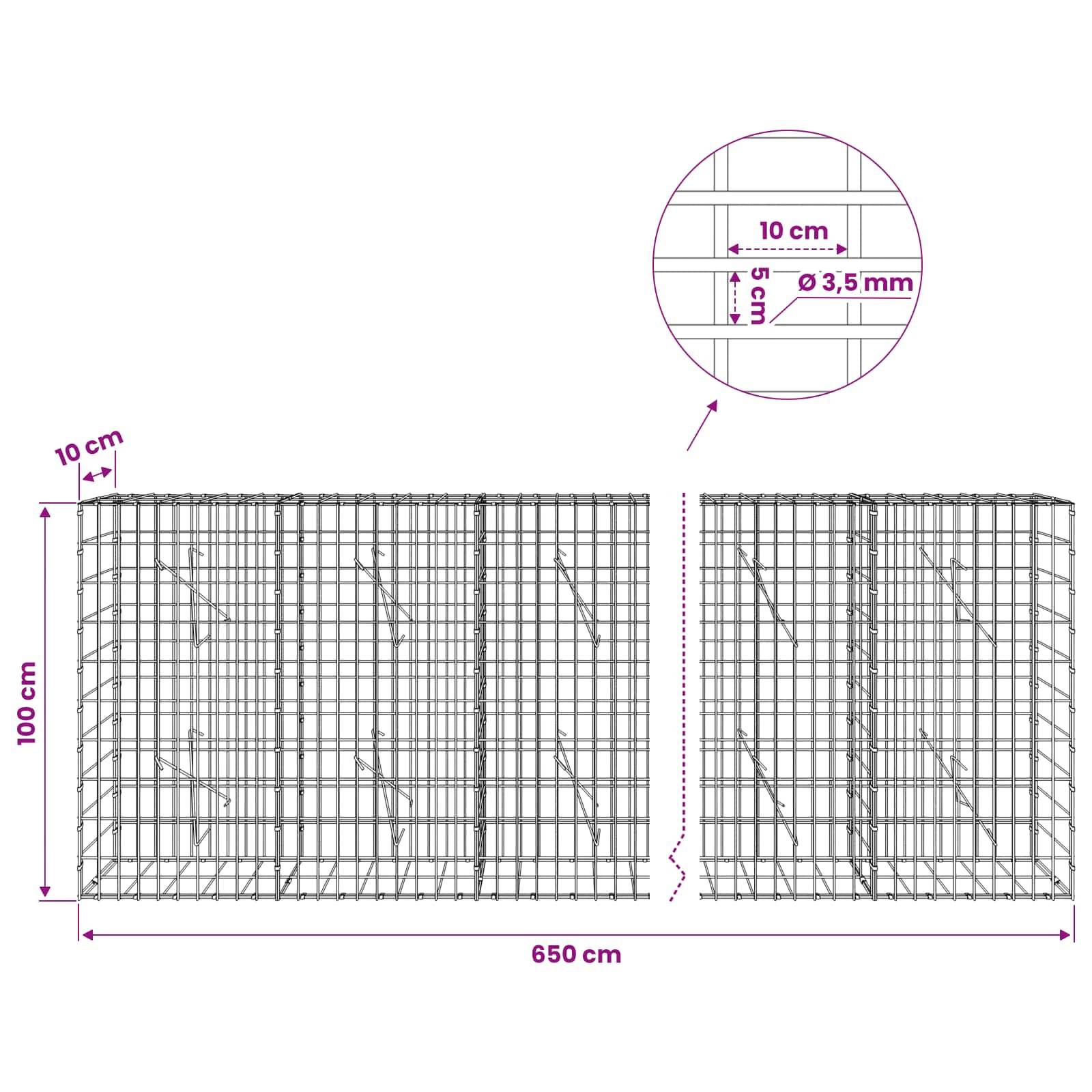 Drahtmaschendrahtkäfig-Diagramm mit Abmessungen: 650 cm lang, 100 cm hoch, 10 cm Maschenweite und 3,5 mm Drahtdurchmesser.