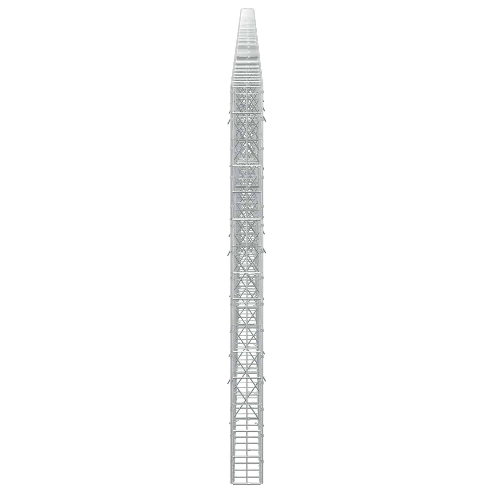 Ein hohes, schmales, graues Metallturm oder Mast, von vorne betrachtet, vor einem einfachen weißen Hintergrund.