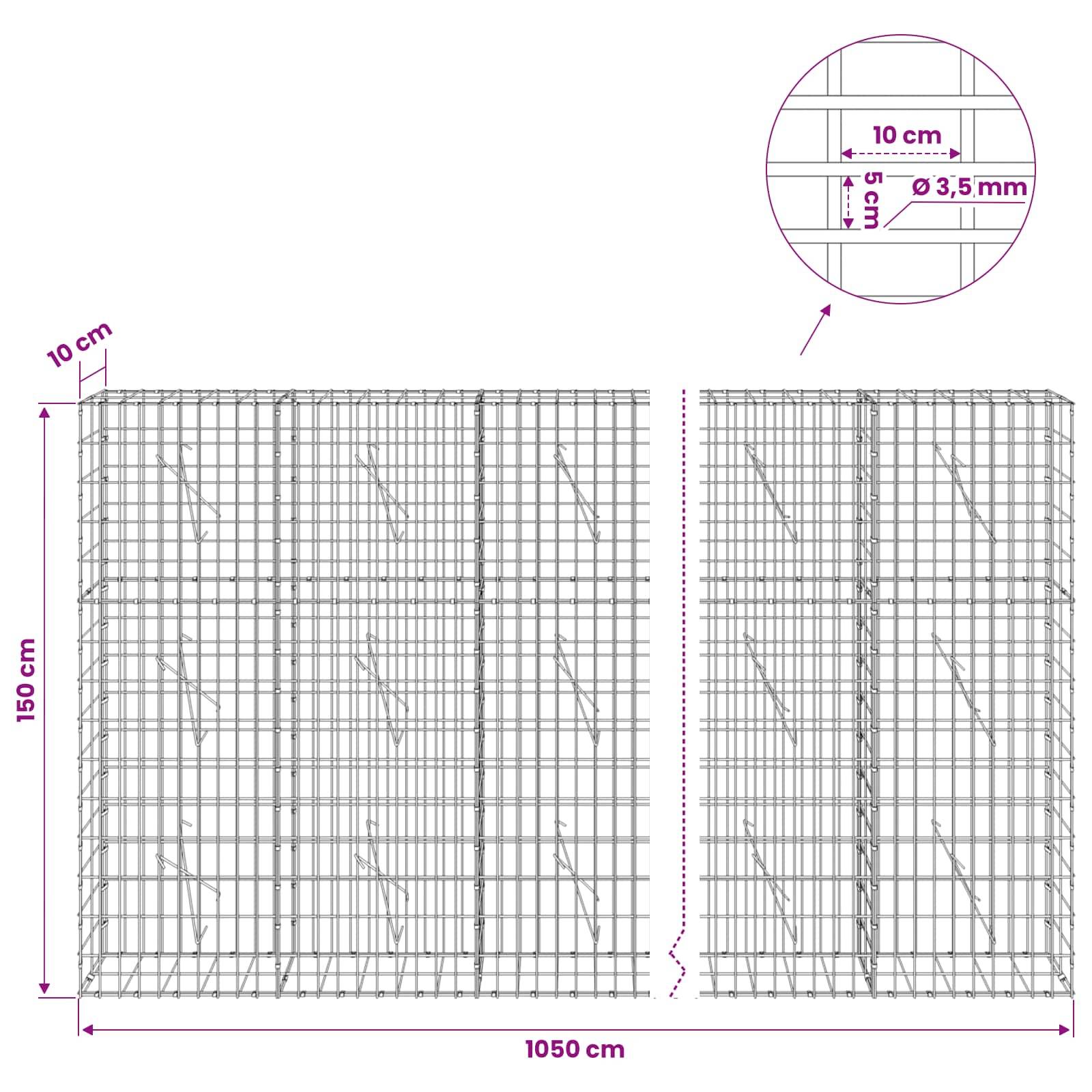 Drahtgeflecht-Paneldiagramm mit den Abmessungen 1050 cm Breite, 150 cm Höhe und 10 cm Tiefe; Detailausschnitt mit Angaben zu 10 cm Abstand, 5 cm und Ø 3,5 mm Draht.