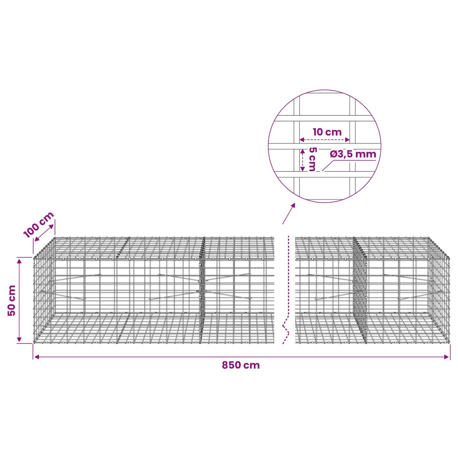 Drahtgitter-Gabionen-Diagramm mit zwei rechteckigen Käfigen, 850 cm lang, 100 cm tief, 50 cm hoch, mit 10 cm x 5 cm Maschenweite und 3,5 mm Draht.