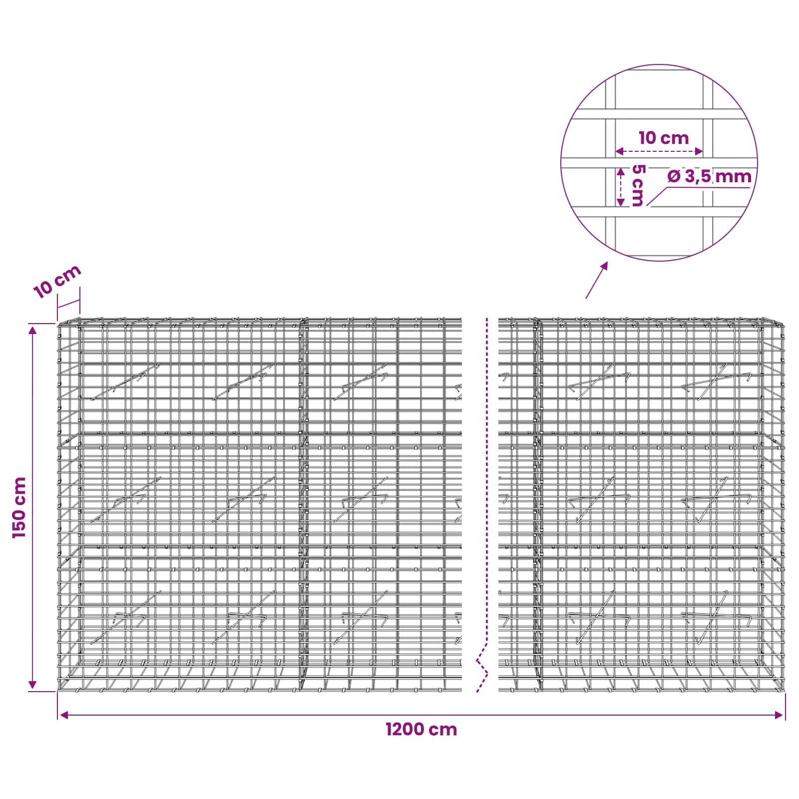 Technisches Diagramm von zwei Drahtgitterkäfigen mit den Abmessungen: 1200 cm breit, 150 cm hoch, 10 cm Abstände und 3,5 mm Drahtdicke.