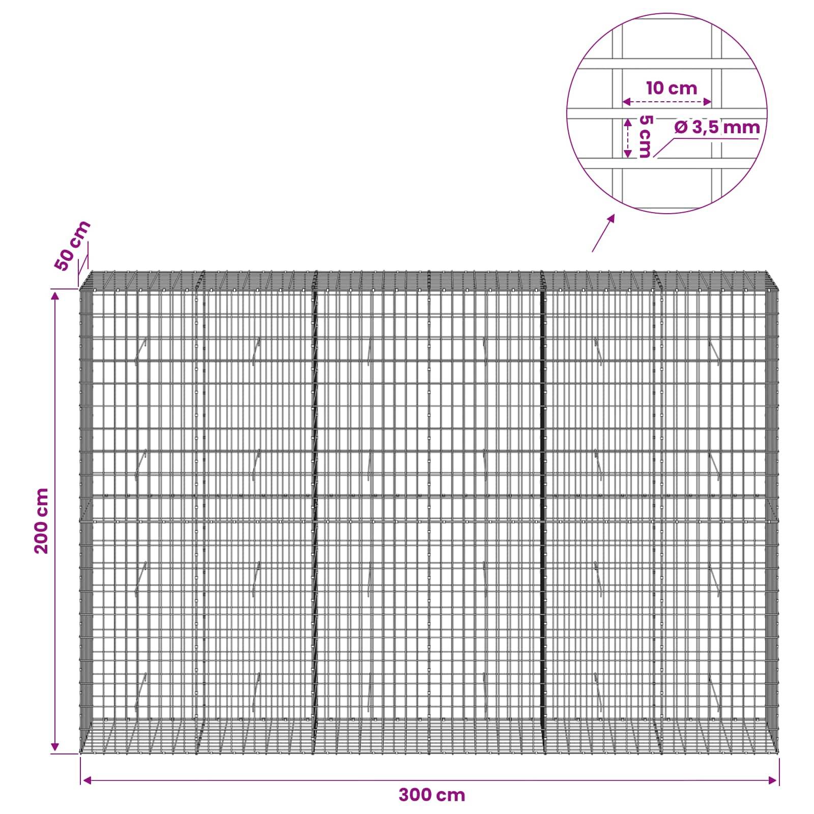 Diagramm eines Drahtgitterpanels, 300 cm breit und 200 cm hoch, mit 50 cm Tiefe; Ausschnitt zeigt 10 cm × 5 cm Gitter und 3,5 mm Drahtdurchmesser.
