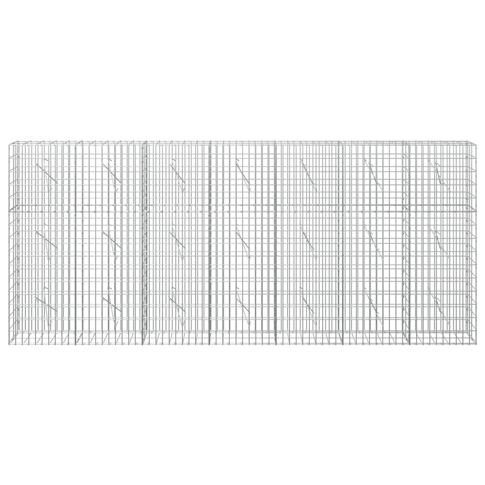 Eine Wireframe-Fassade eines rechteckigen Gebäudes oder eine käfigähnliche Struktur, frontal betrachtet, mit wiederholten vertikalen und horizontalen Gitterlinien und diagonalen Auskreuzungen.