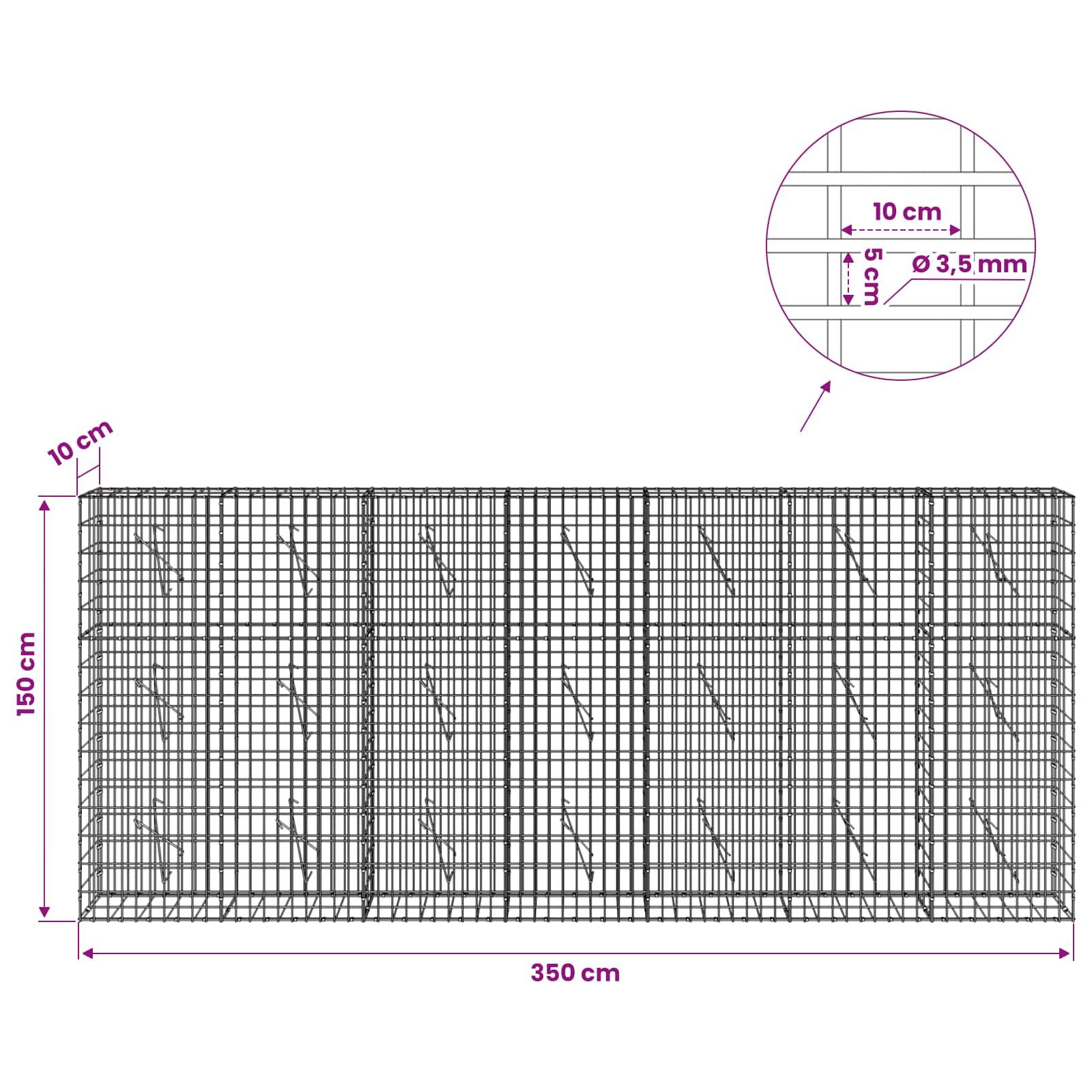 Technische Zeichnung eines Metallgitterpanels, die Gesamtgröße 350 cm x 150 cm mit 10 cm Abstand und eine Detailansicht mit den Beschriftungen 10 cm, 5 cm und Ø3,5 mm zeigt.