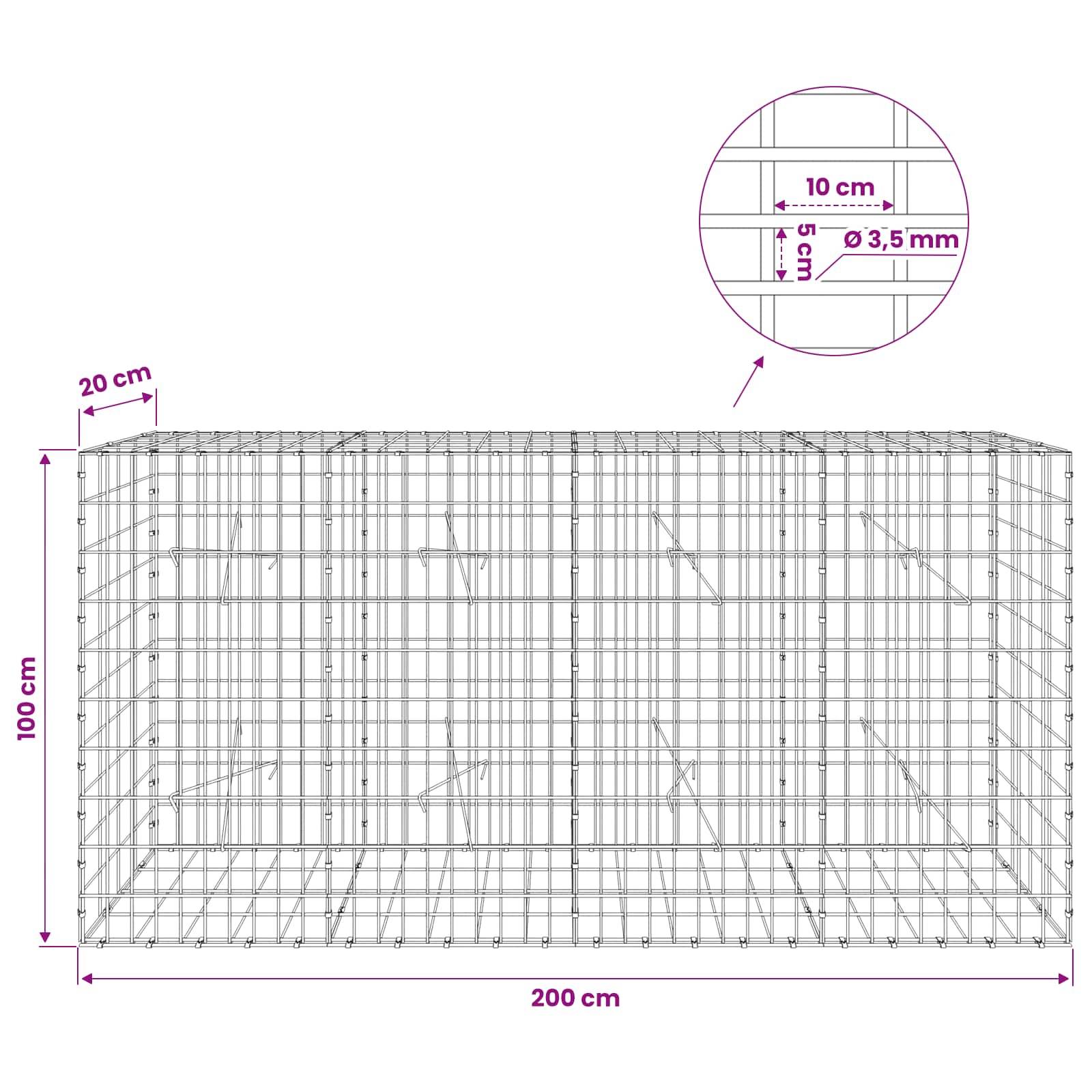 Technisches Diagramm eines Drahtgitter-Gabionenkörbes mit einer Länge von 200 cm, einer Höhe von 100 cm und einer Tiefe von 20 cm, mit einer Vergrößerung, die ein Gittermaß von 10 cm x 5 cm und einen Drahtdurchmesser von 3,5 mm zeigt.